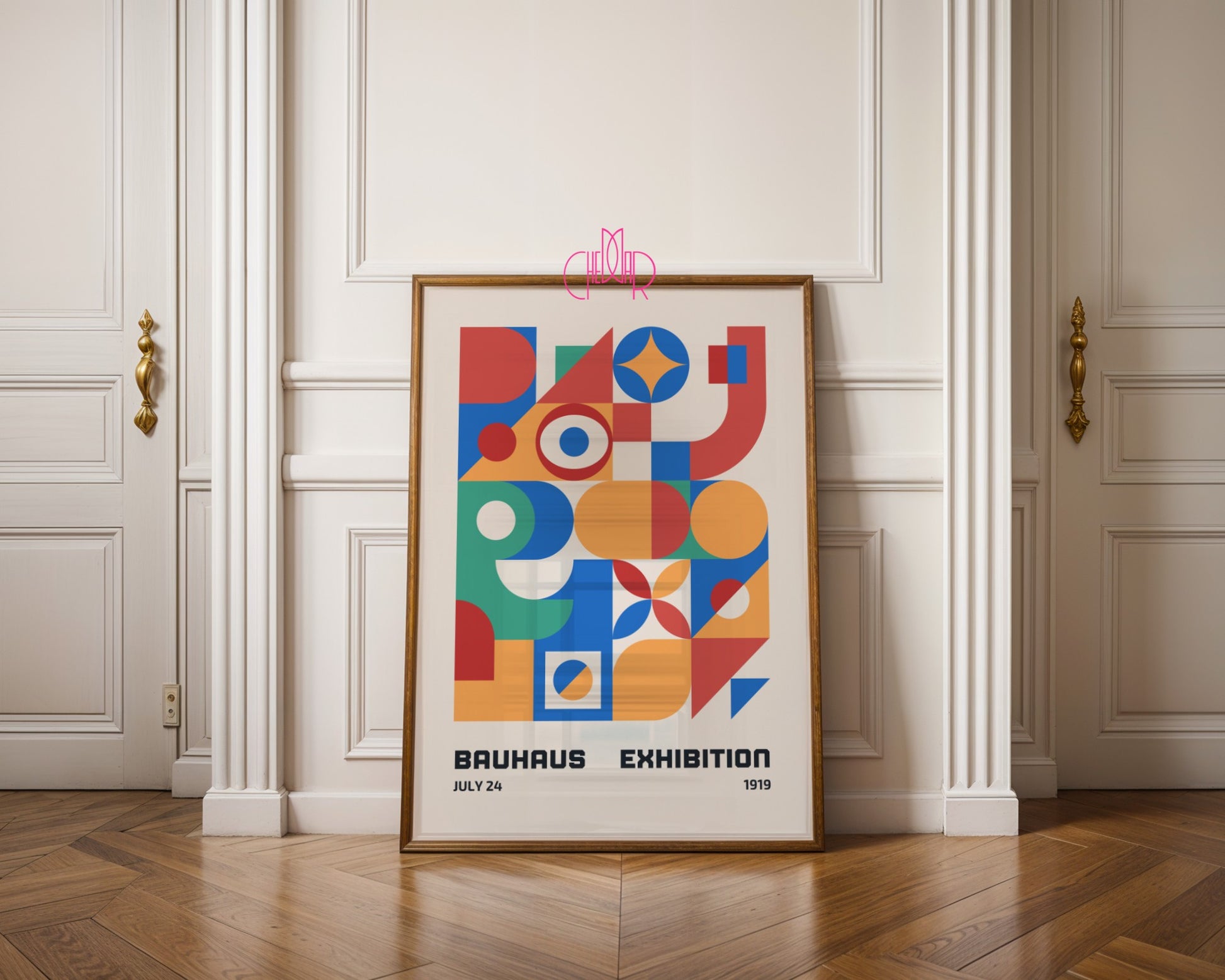 Plakat Bauhaus – Kolorowe abstrakcyjne kształty na beżowym tle, wystawa 1919