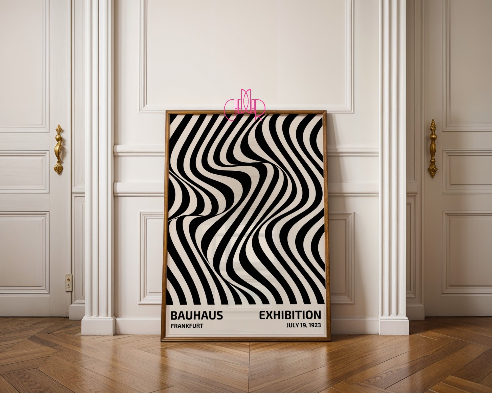 Plakat Bauhaus – Czarne abstrakcyjne linie na beżowym tle, wystawa 1919