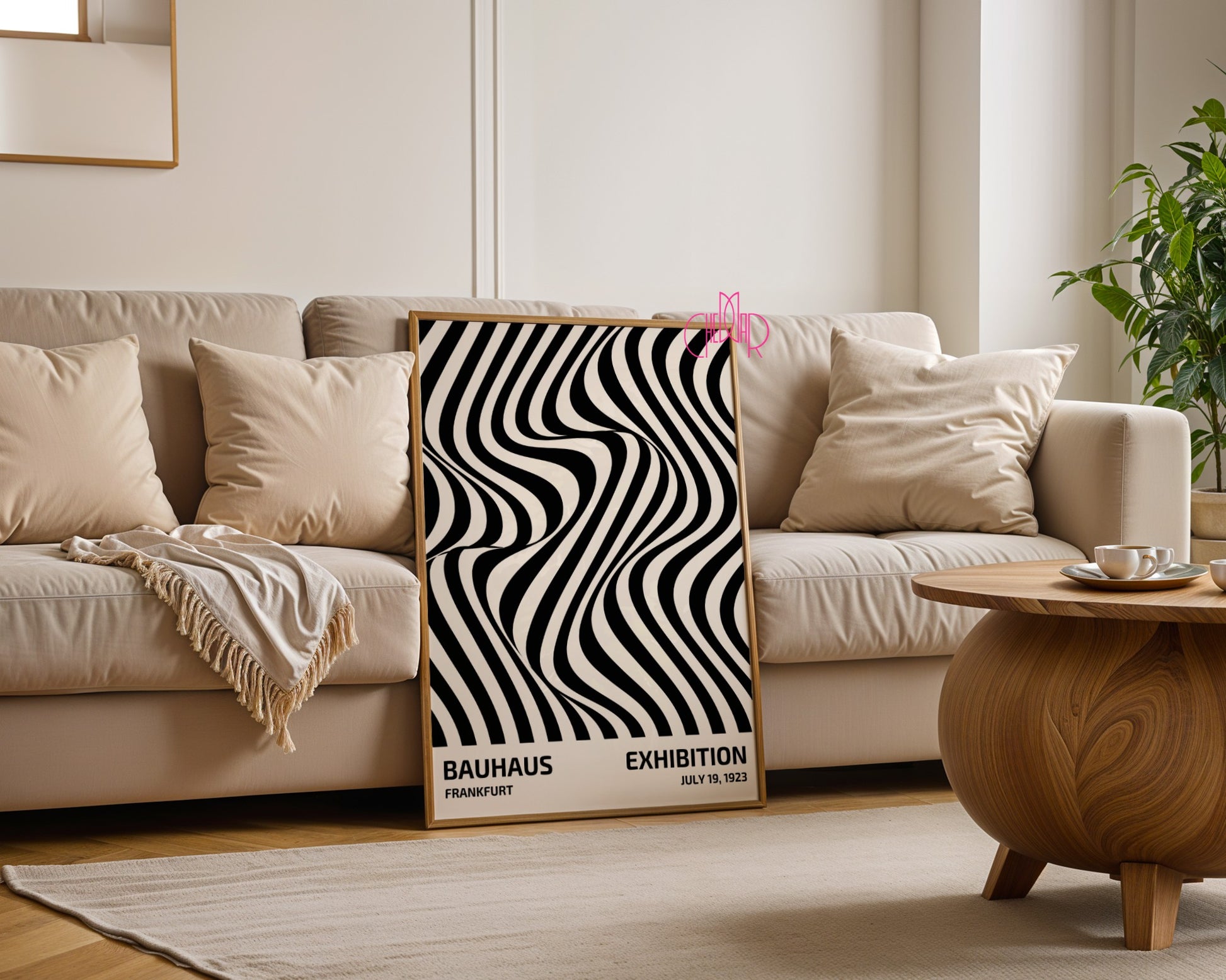 Plakat Bauhaus – Czarne abstrakcyjne linie na beżowym tle, wystawa 1919