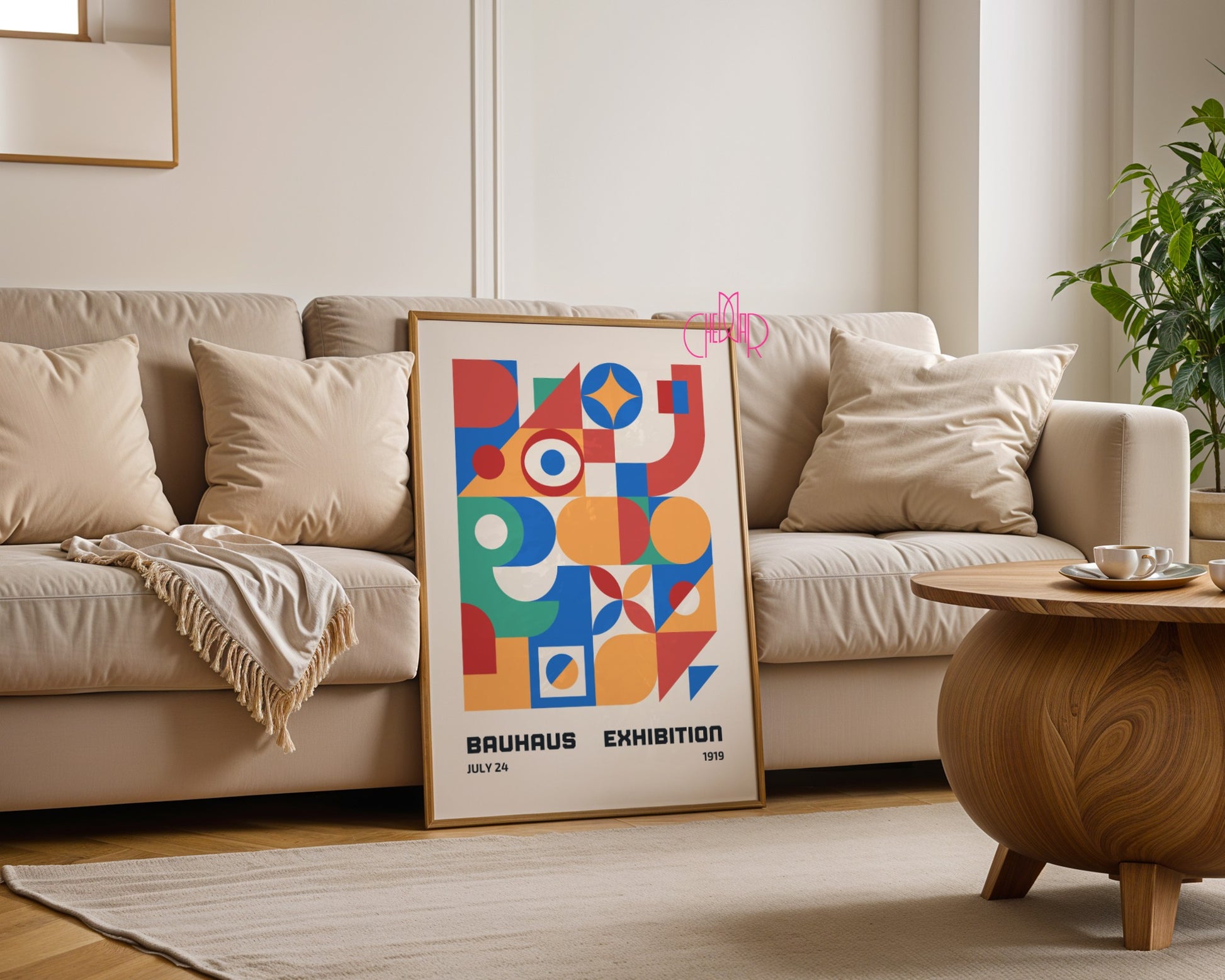 Plakat Bauhaus – Kolorowe abstrakcyjne kształty na beżowym tle, wystawa 1919