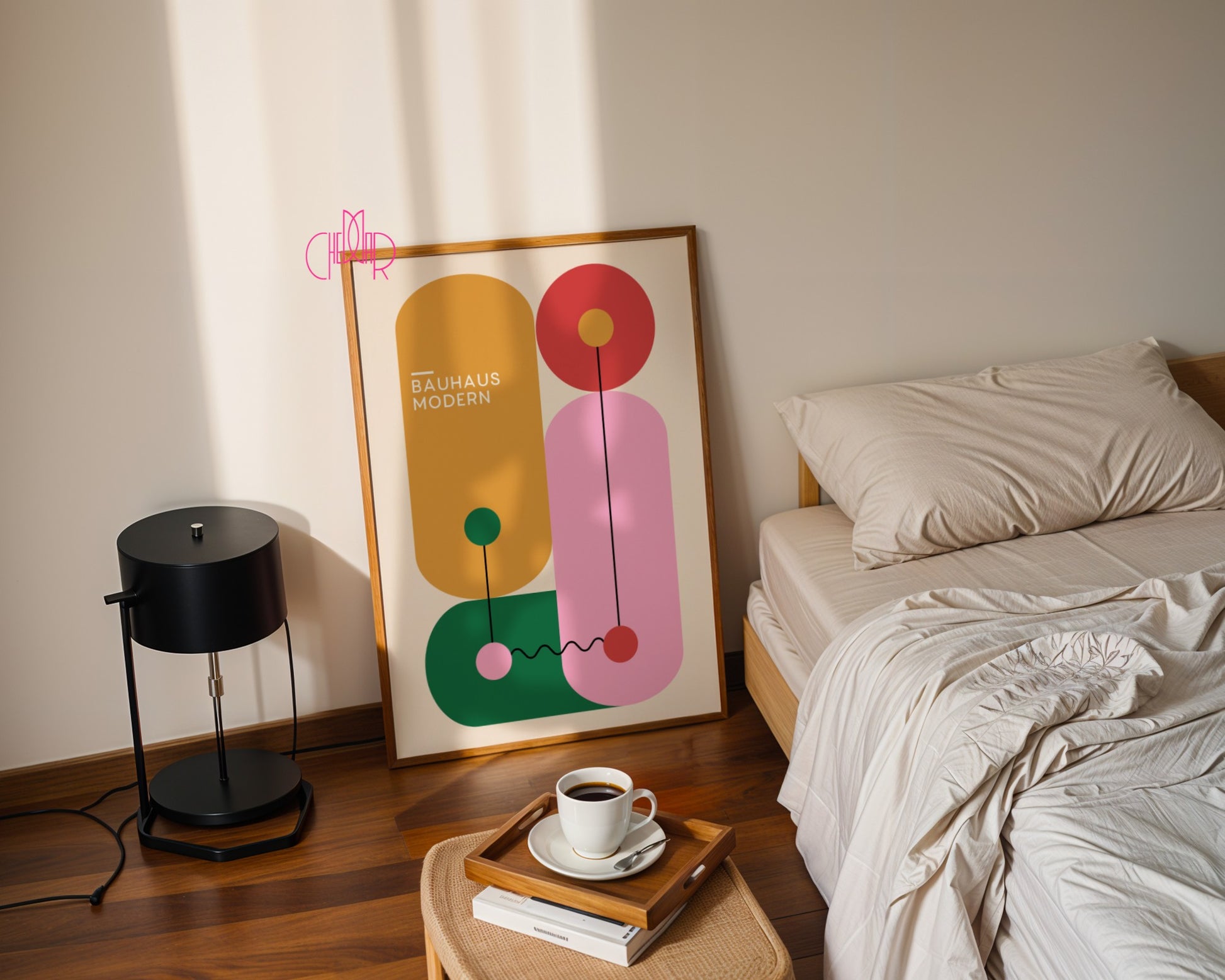 Plakat Bauhaus – Kolorowe geometryczne kształty na beżowym tle, modernizm