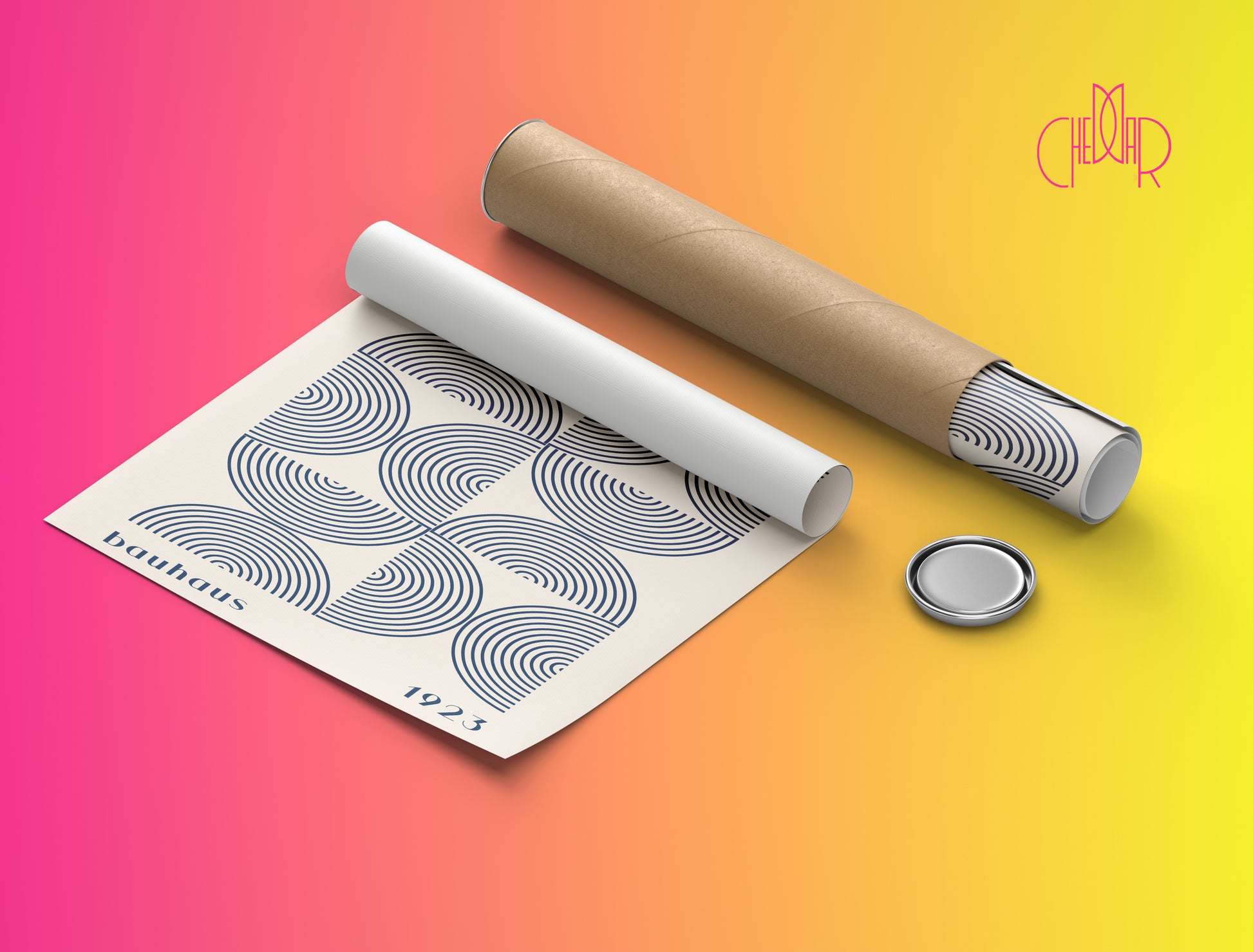 Plakat Bauhaus granatowe półkola na beżowym tle, sztuka współczesna, modernizm