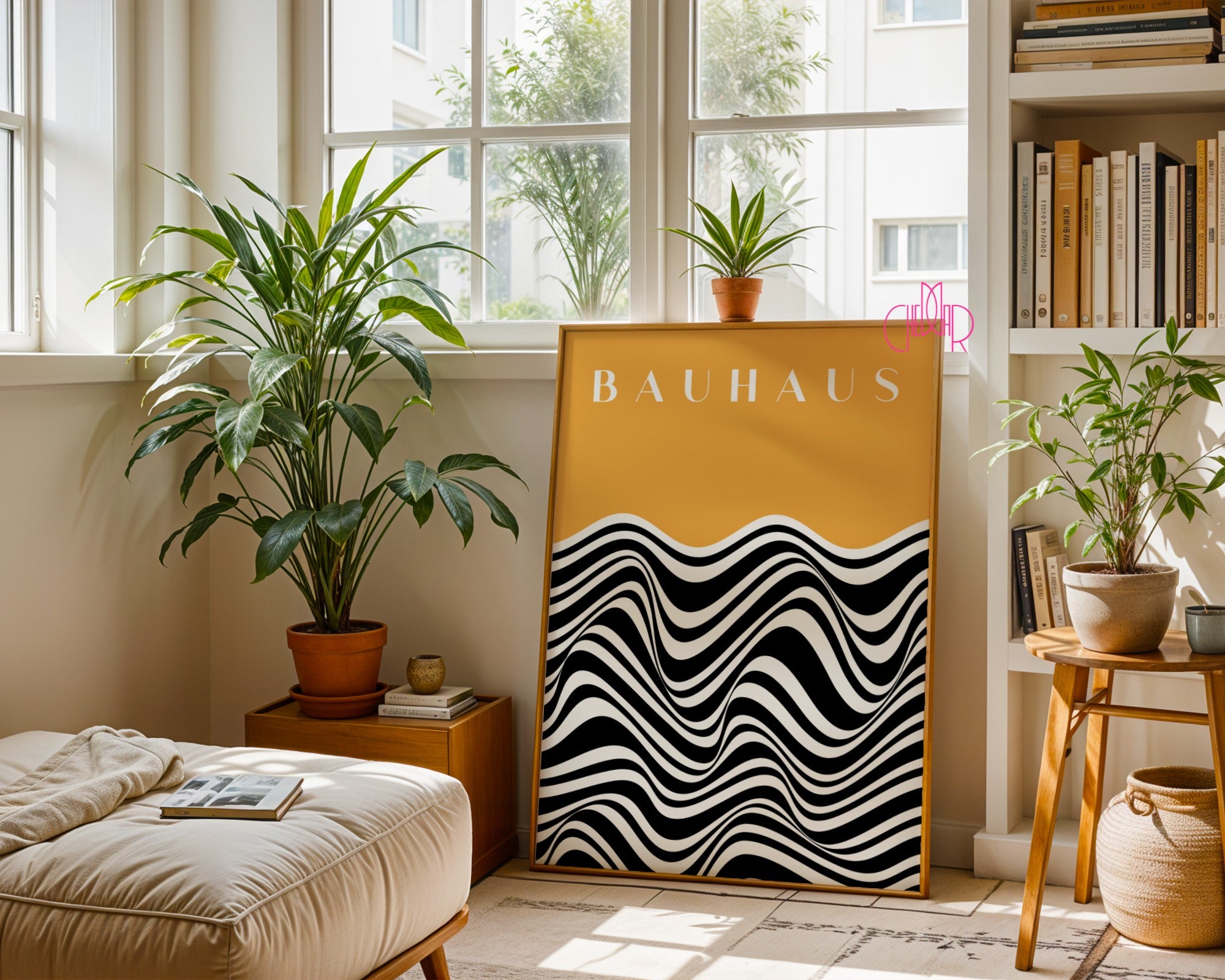 Plakat Bauhaus - czarno-białe faliste linie na pomarańczowym tle, vintage, retro