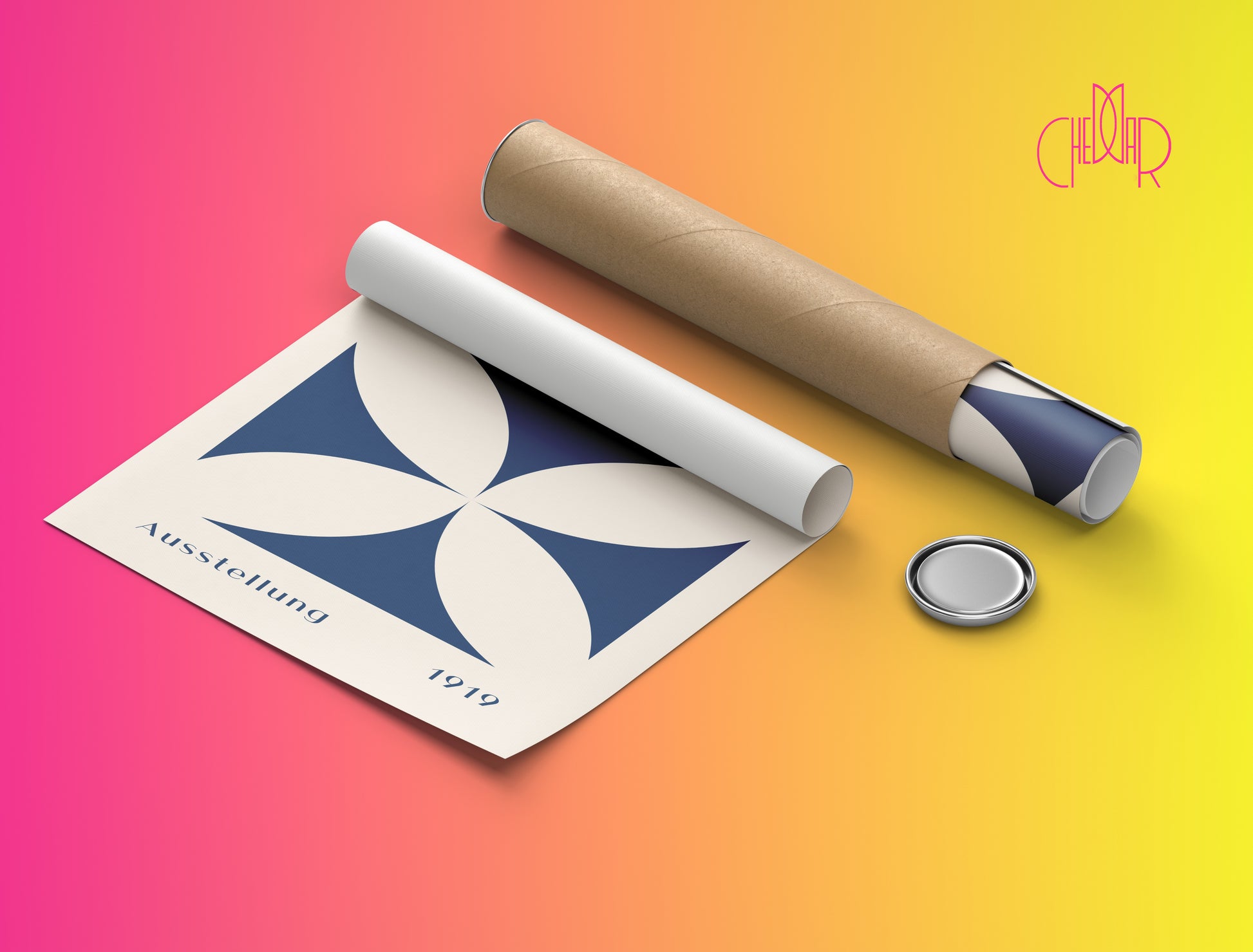 Plakat Bauhaus – beżowy kwiat w granatowym kwadracie