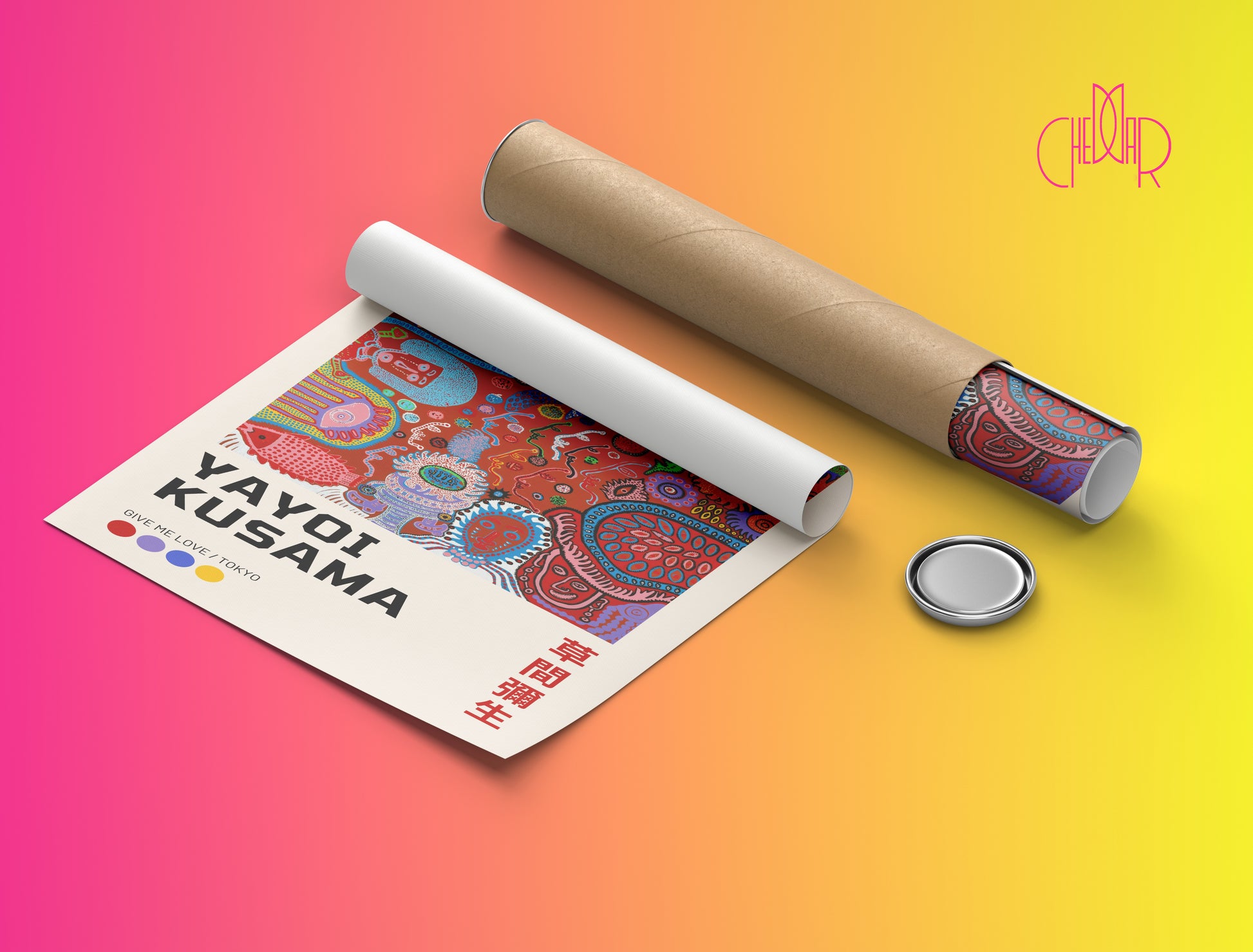 Plakat Yayoi Kusama Give me love Tokyo, kolorowe kształty, geometria