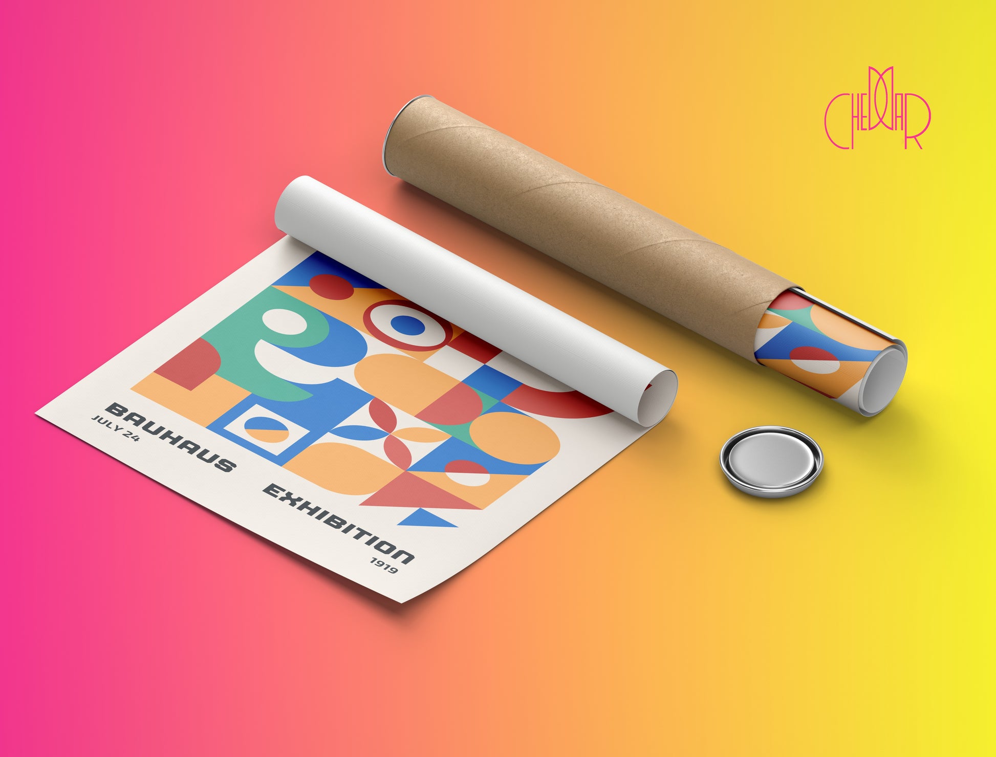 Plakat Bauhaus – Kolorowe abstrakcyjne kształty na beżowym tle, wystawa 1919