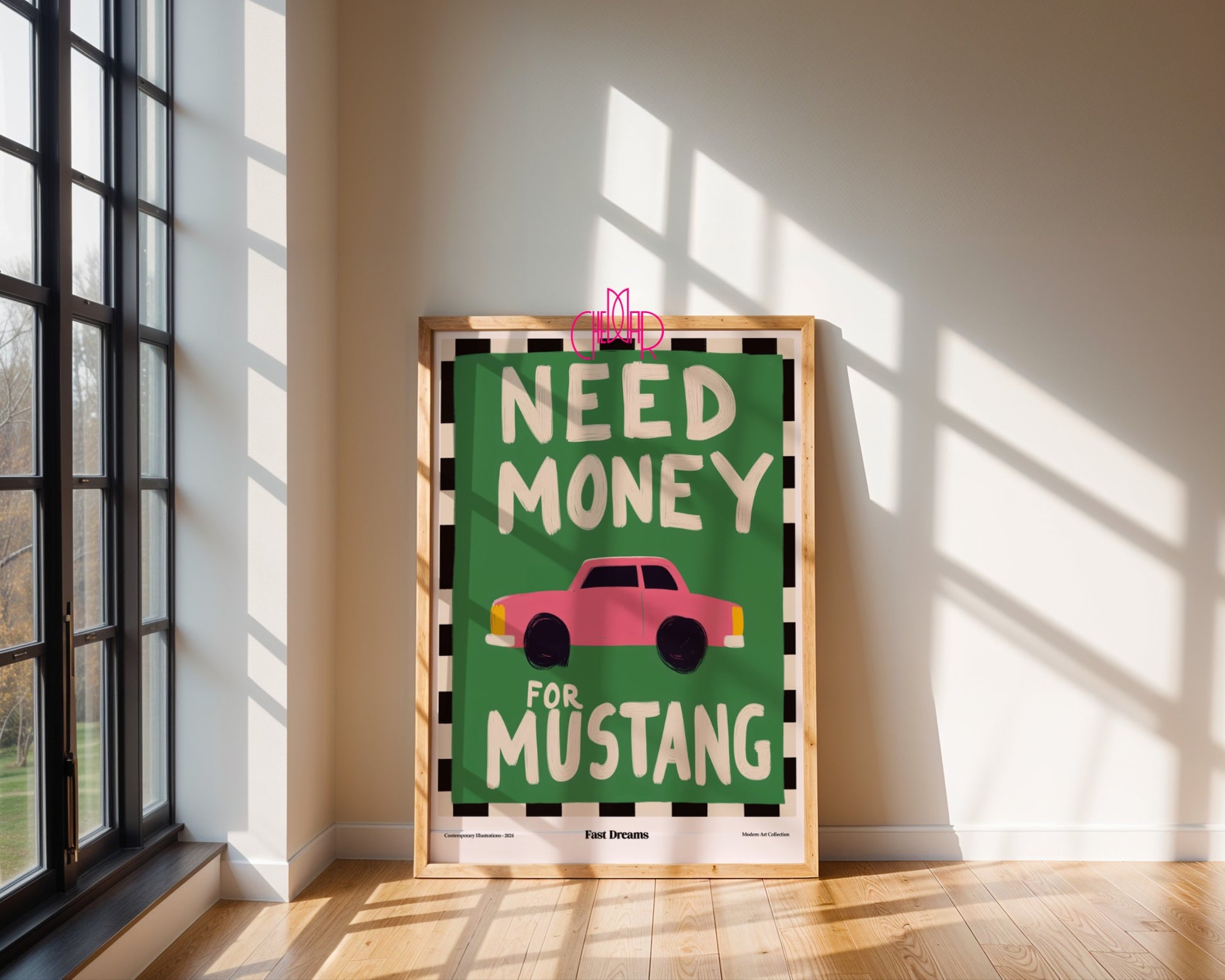 Plakat Need Money For Mustang, szybkie marzenia, modernizm