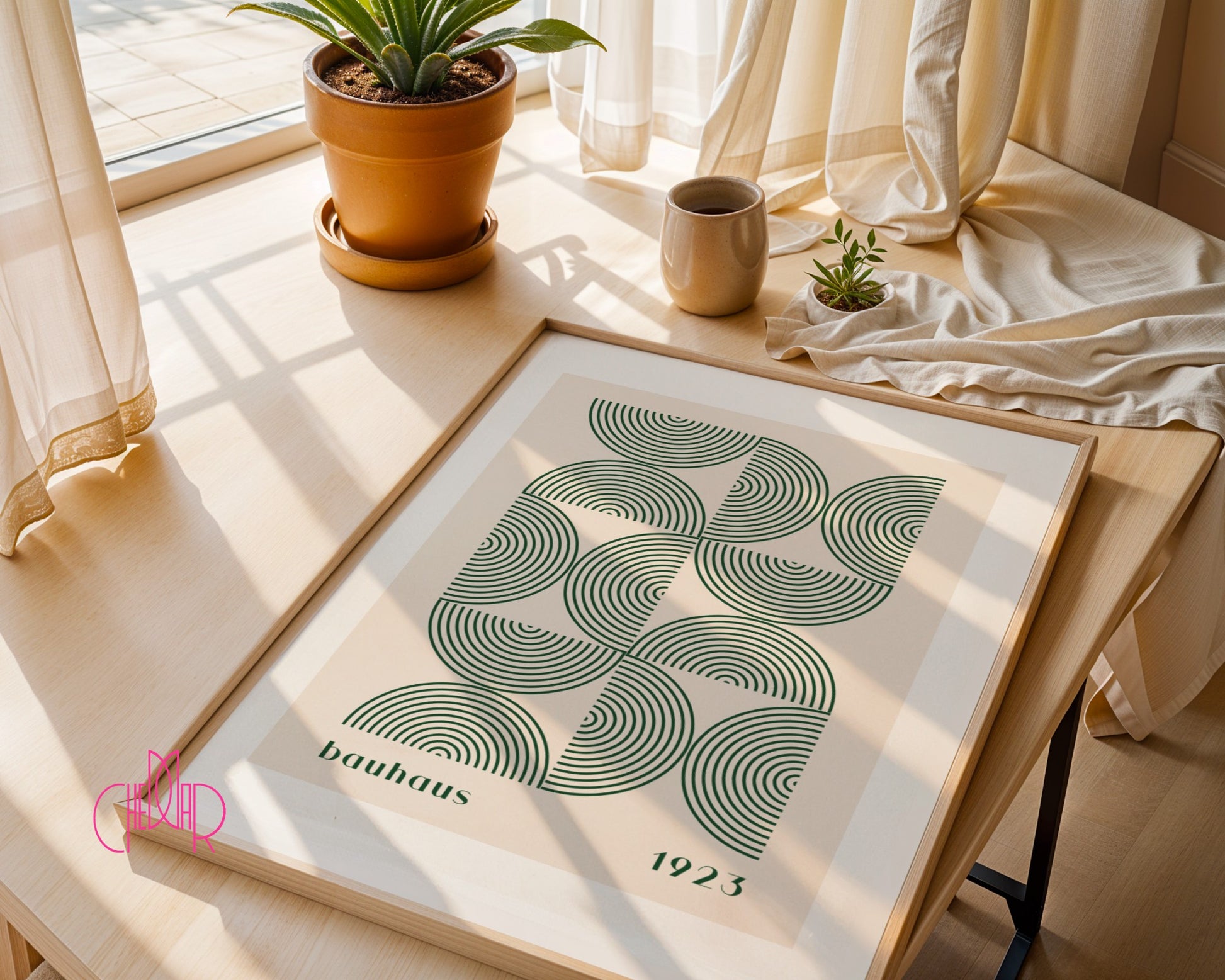 Plakat Bauhaus – Zielone półkola na beżowym tle