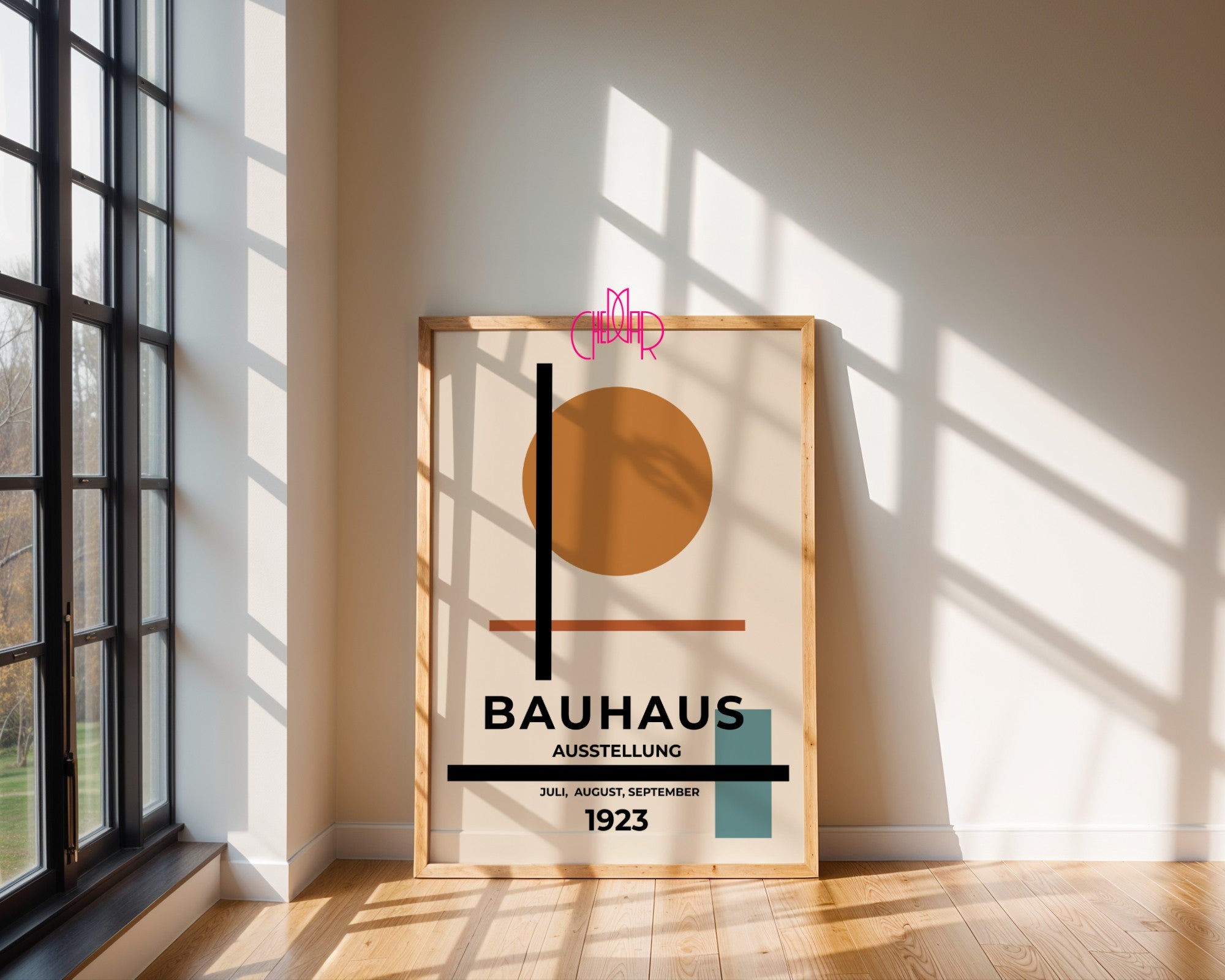 Plakat Bauhaus pomarańczowa kropka na beżowym tle, modernizm