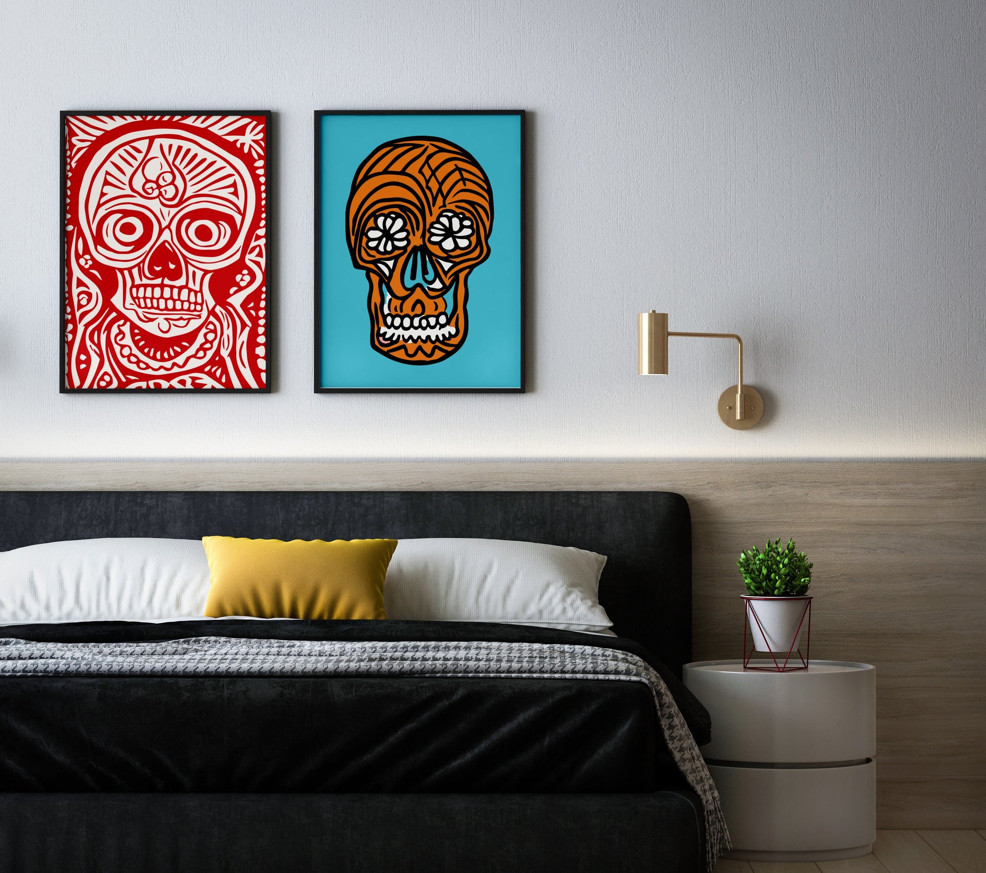 Plakat ikony kultury meksykańskiej, czaszki na dzień zmarłych, Meksyk