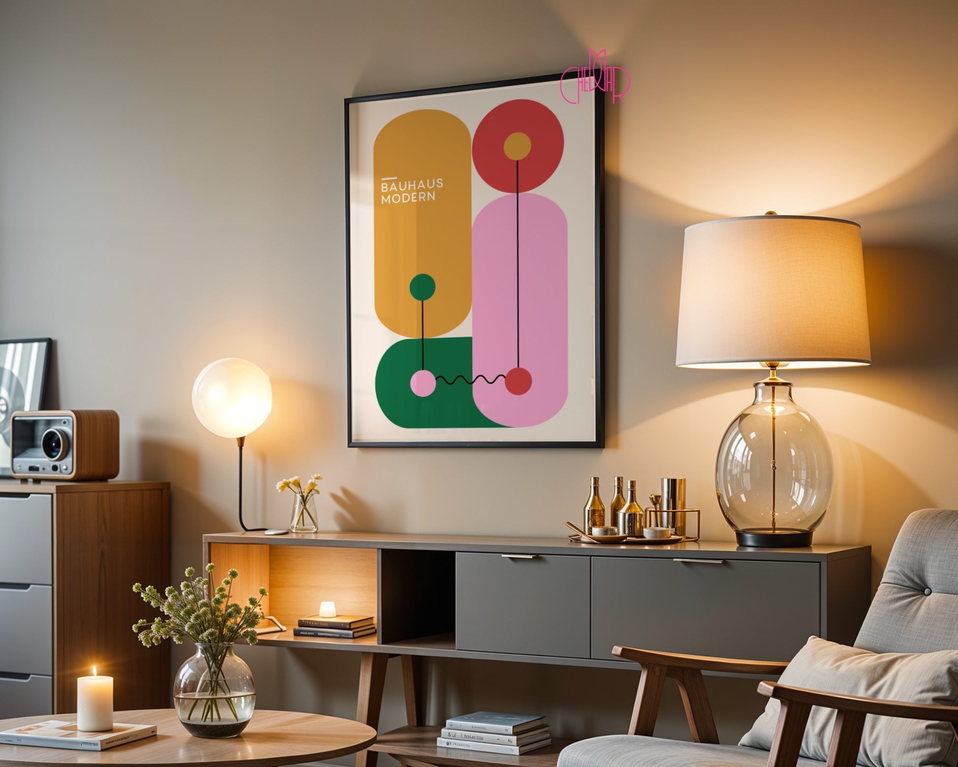 Plakat Bauhaus – Kolorowe geometryczne kształty na beżowym tle, modernizm