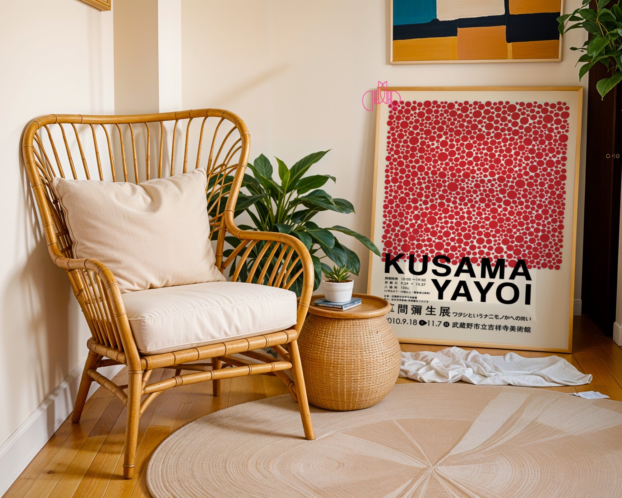 Plakat Yayoi Kusama, Red Polka Dots, beżowe tło