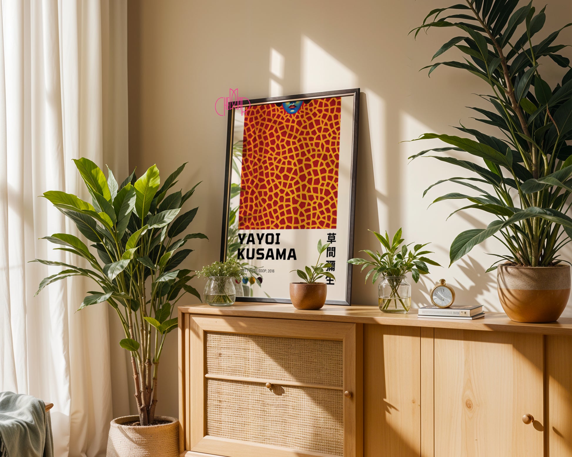 Plakat Yayoi Kusama, Twarz z pomarańczowymi liniami, Żyrafa, 2016