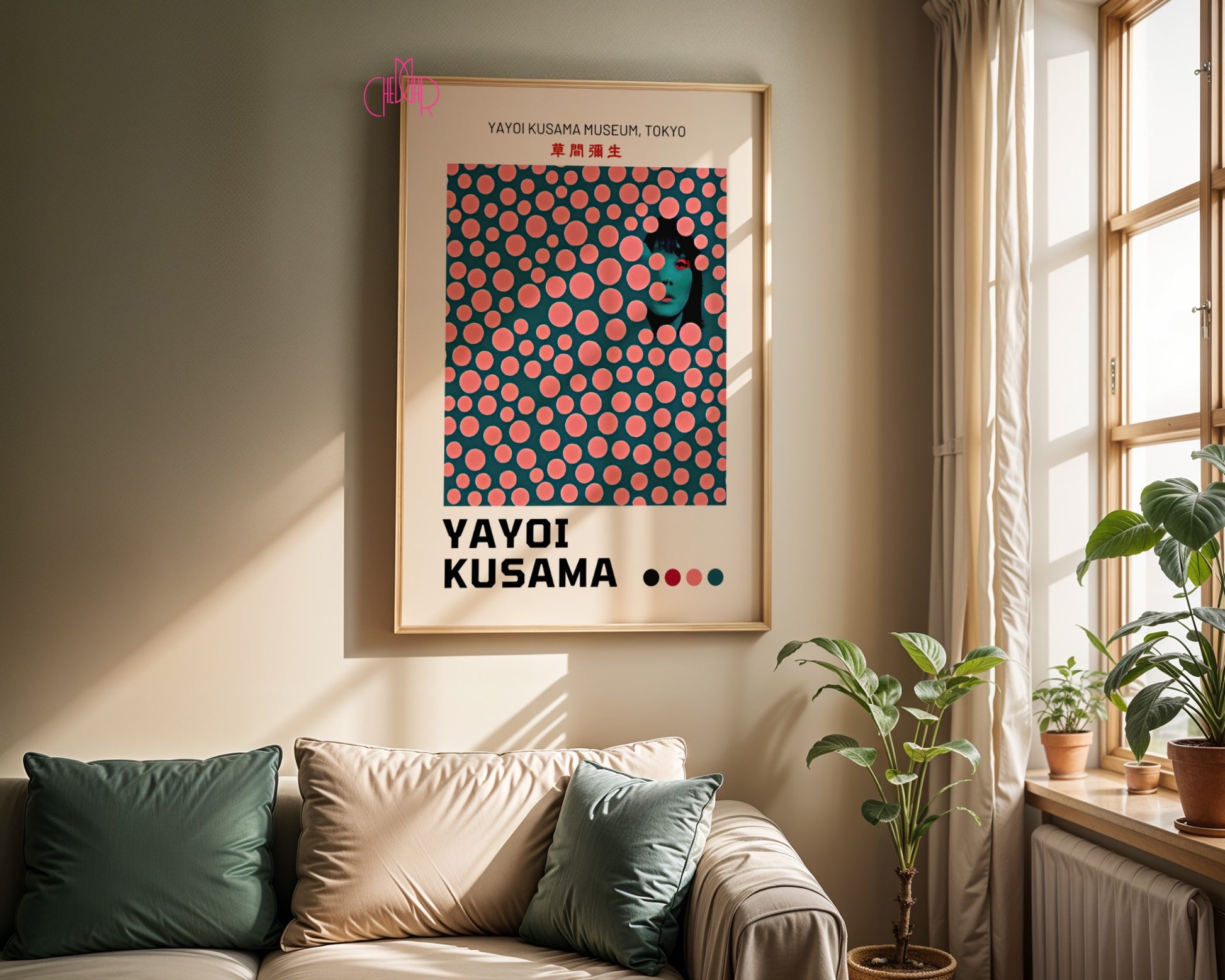 Plakat Yayoi Kusama, modernizm, różowe kropki na zielonym tle, Tokyo