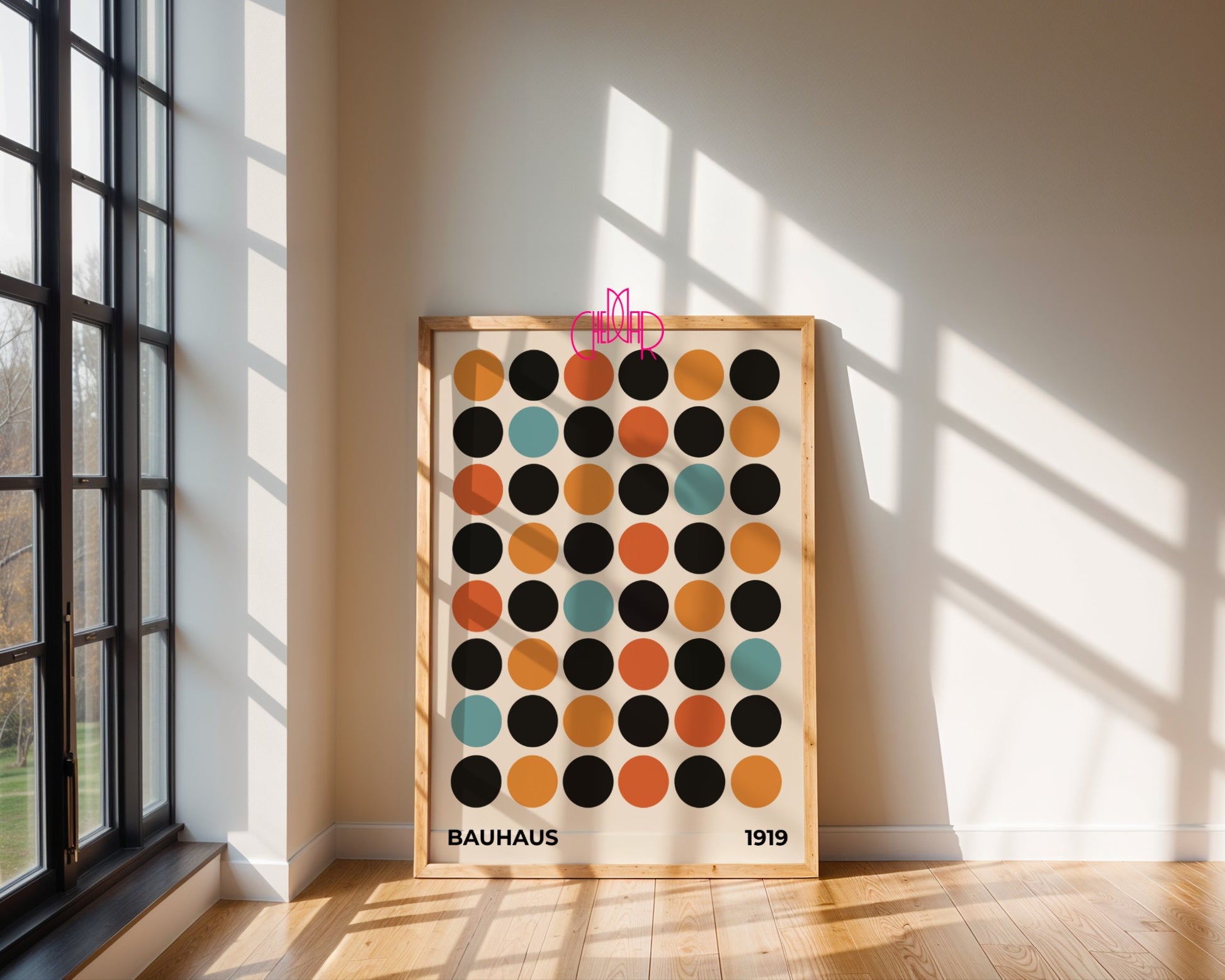 Plakat Bauhaus wystawa 1919, kolorowe kropki na beżowym tle