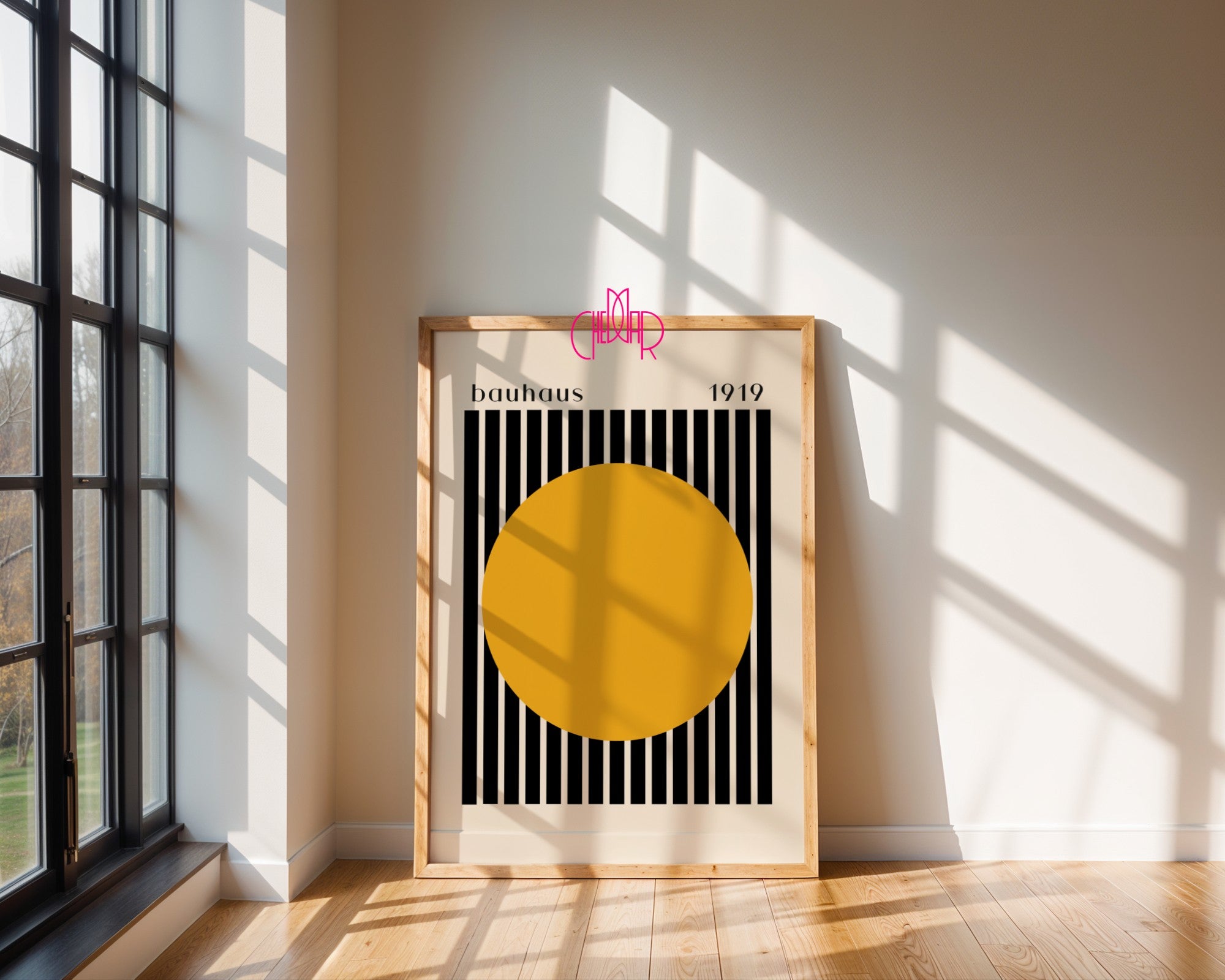 Plakat Bauhaus pomarańczowa kropka z czarno-beżowymi paskami