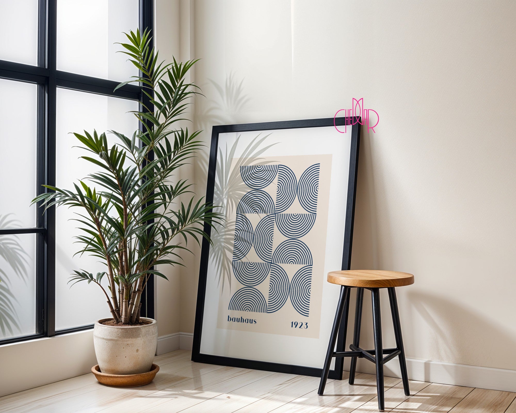 Plakat Bauhaus granatowe półkola na beżowym tle, sztuka współczesna, modernizm