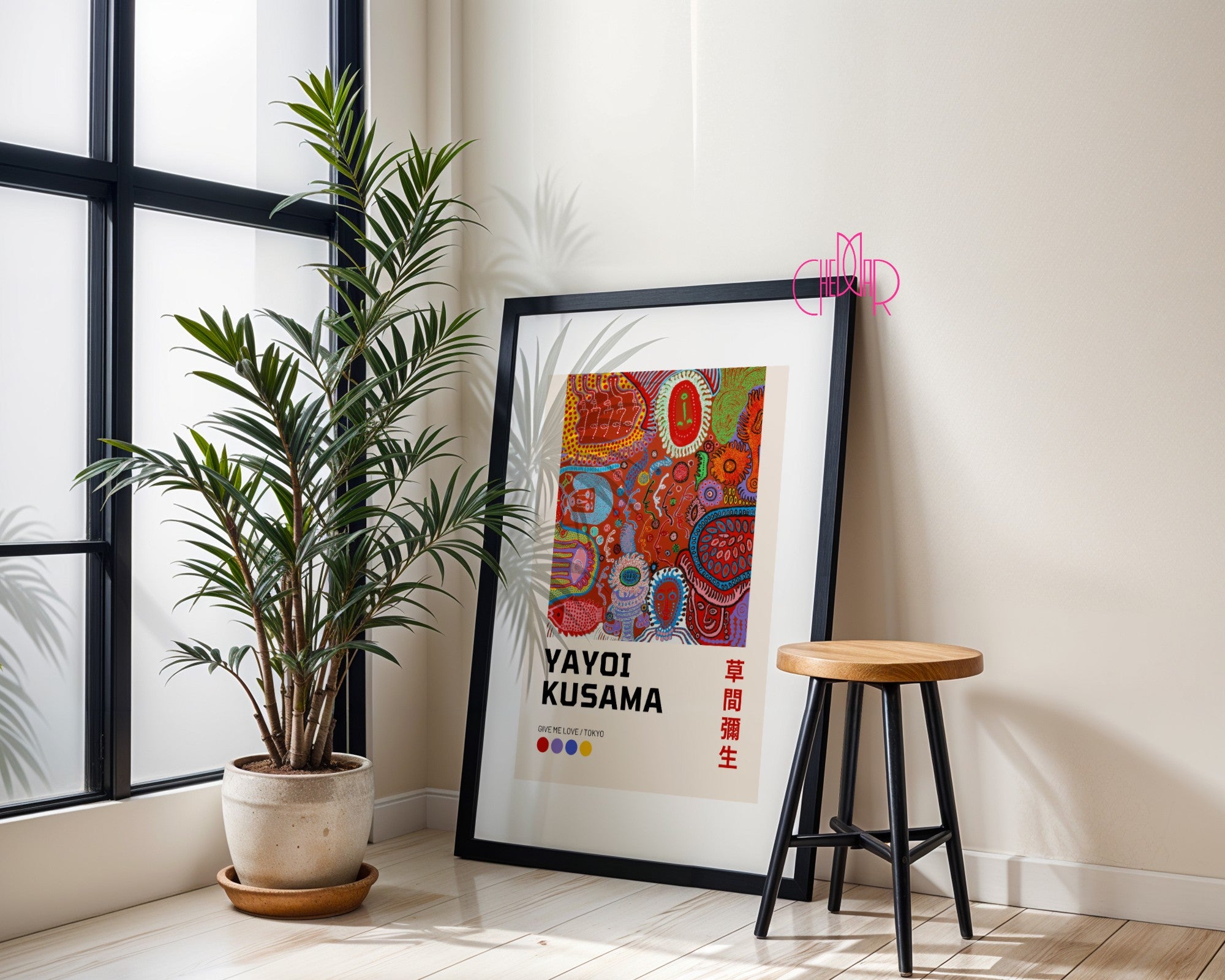 Plakat Yayoi Kusama Give me love Tokyo, kolorowe kształty, geometria