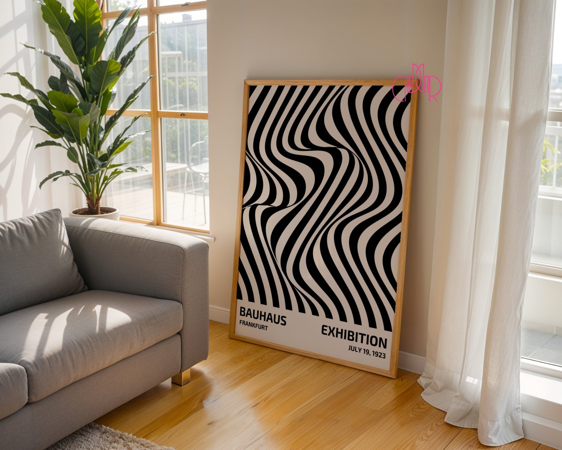 Plakat Bauhaus – Czarne abstrakcyjne linie na beżowym tle, wystawa 1919