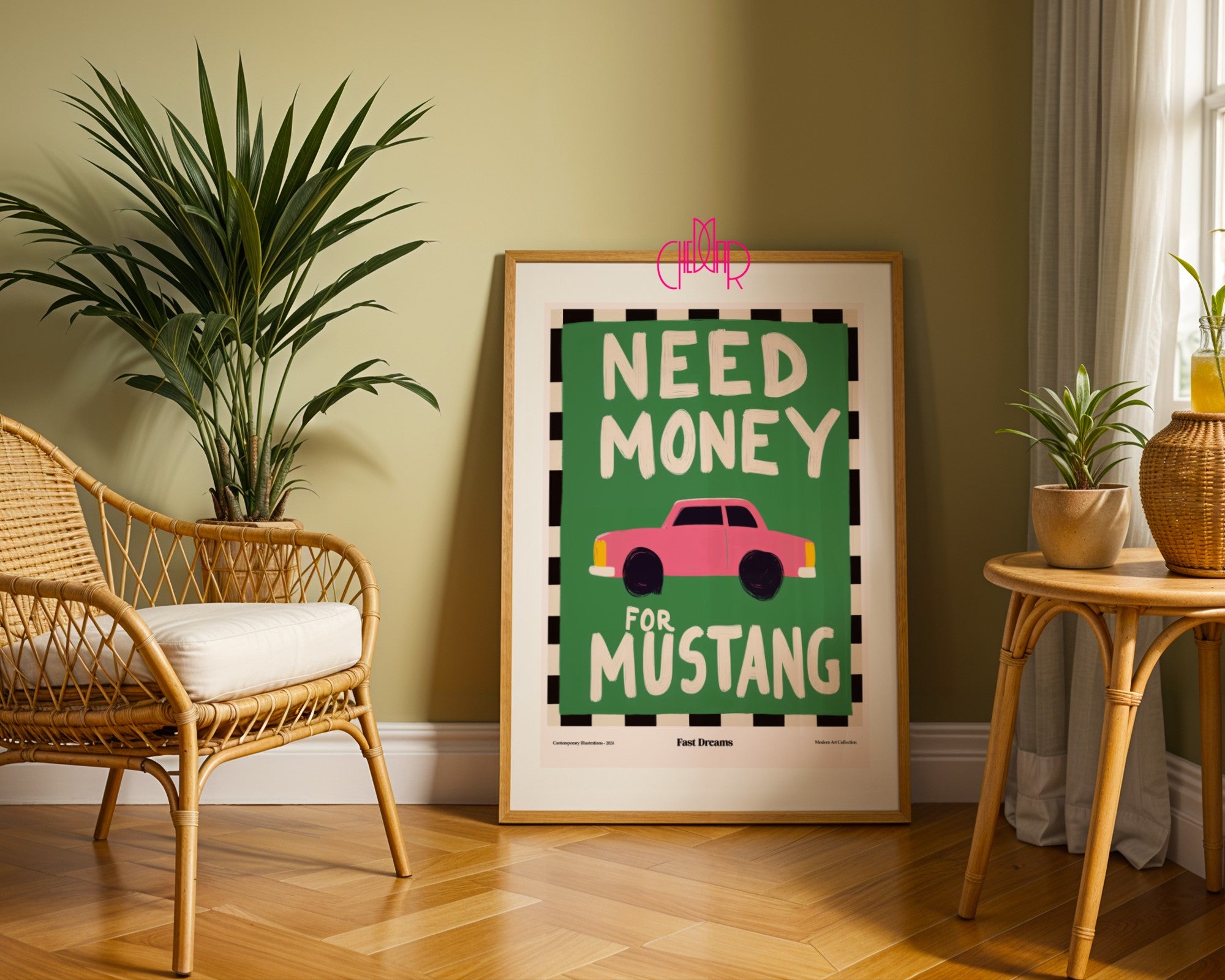 Plakat Need Money For Mustang, szybkie marzenia, modernizm
