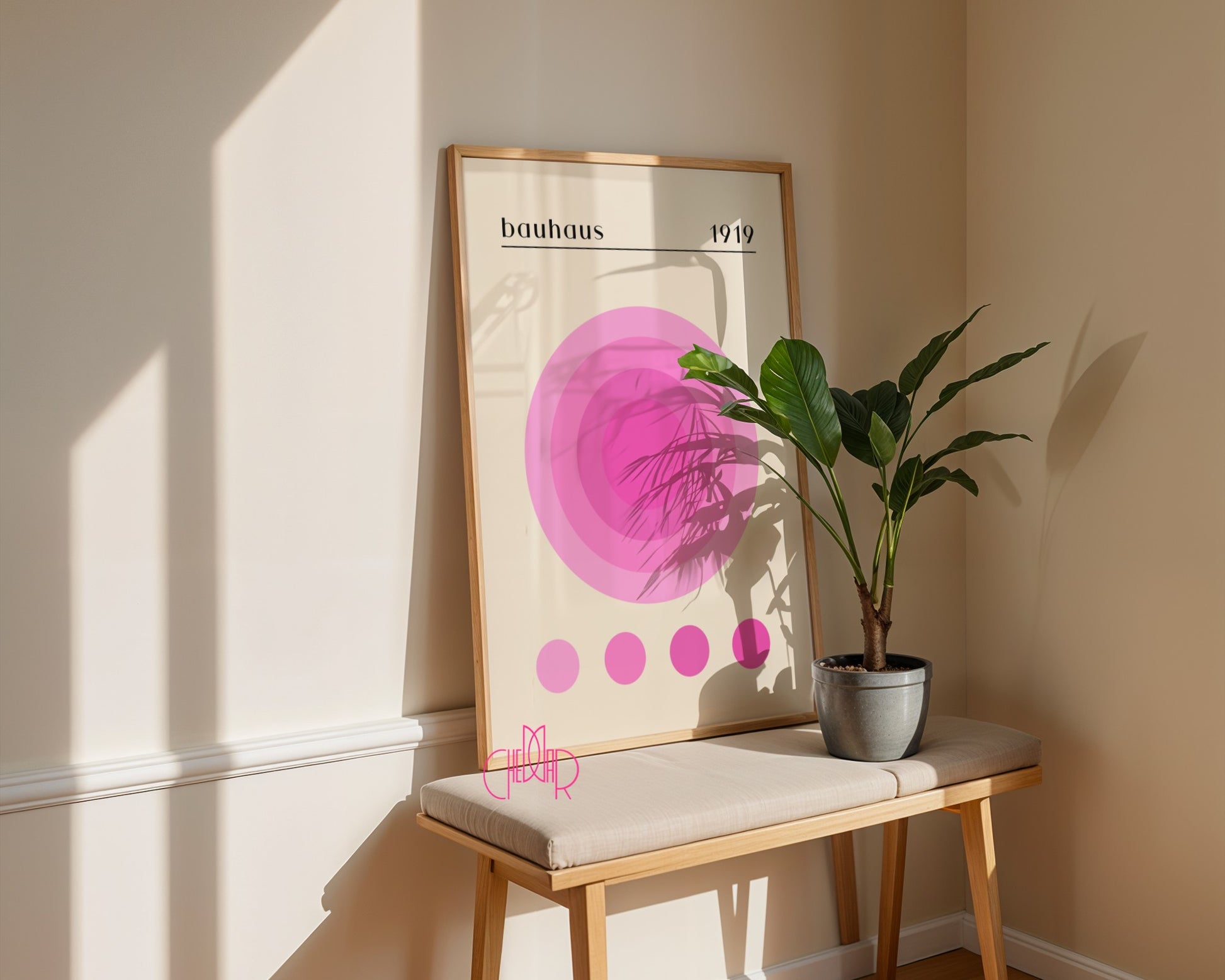 Plakat Bauhaus różowe koło energii na beżowym tle, retro