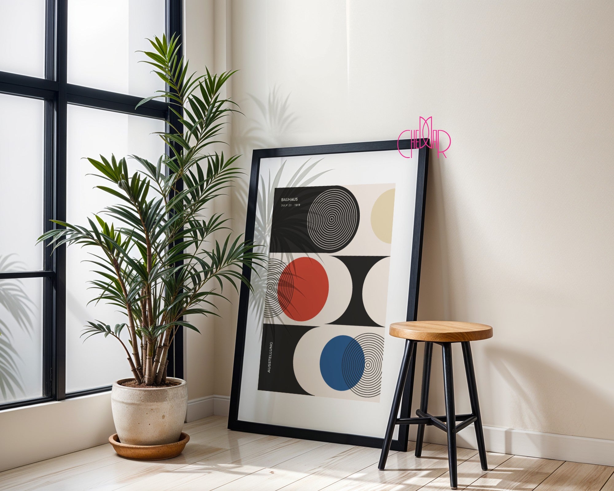 Plakat Bauhaus – Czerwono-niebieskie koła na biało-czarnym tle