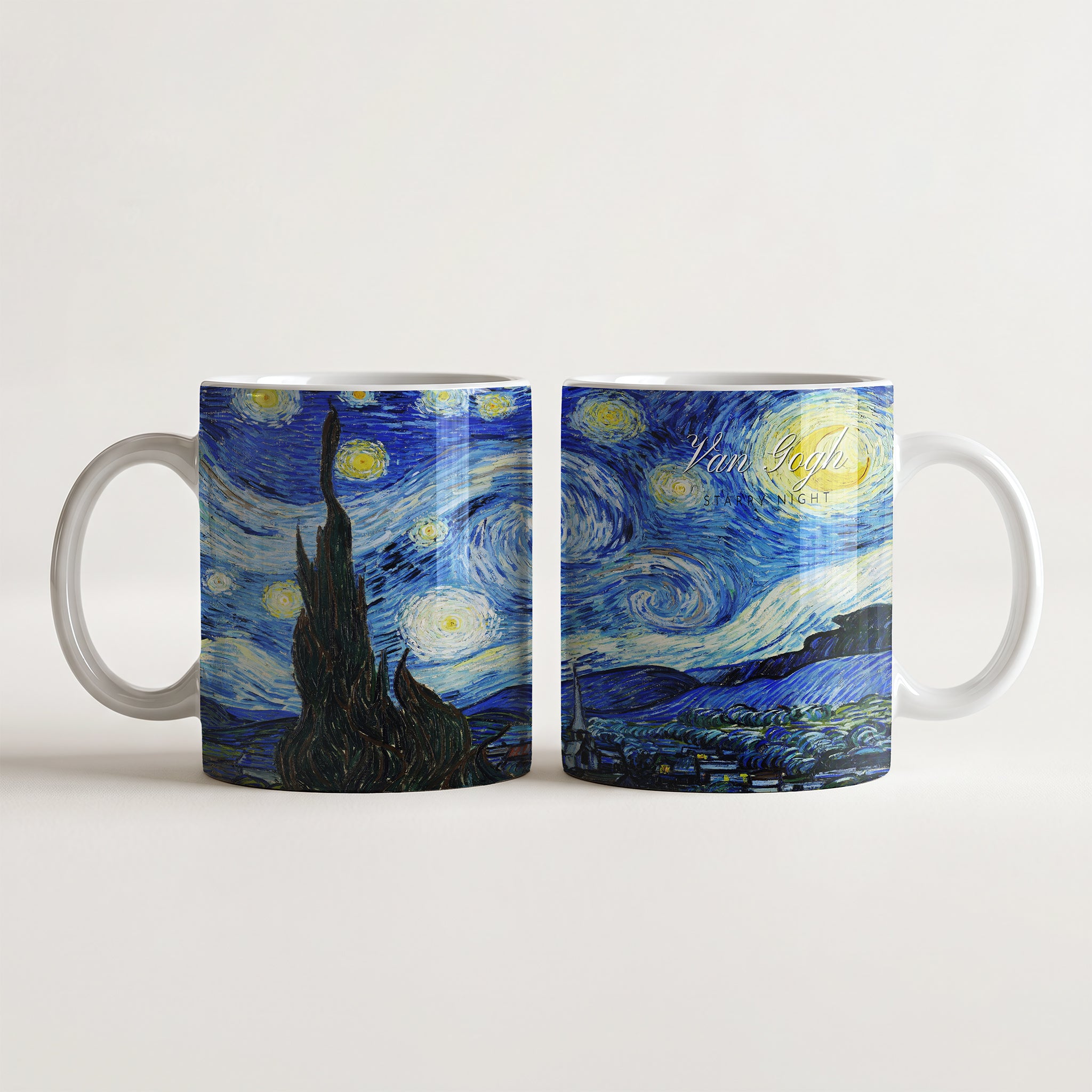 Kubek ceramiczny z nadrukiem obrazu Vincent van Gogh Gwiaździsta noc 1889 z niebieskim wirującym niebem i żółtymi gwiazdami