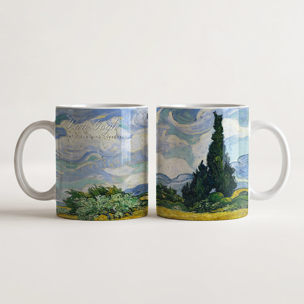 Kubek ceramiczny z nadrukiem obrazu Vincent van Gogh Pole pszenicy z cyprysami 1889 ze świdrującym niebem i złocistym polem