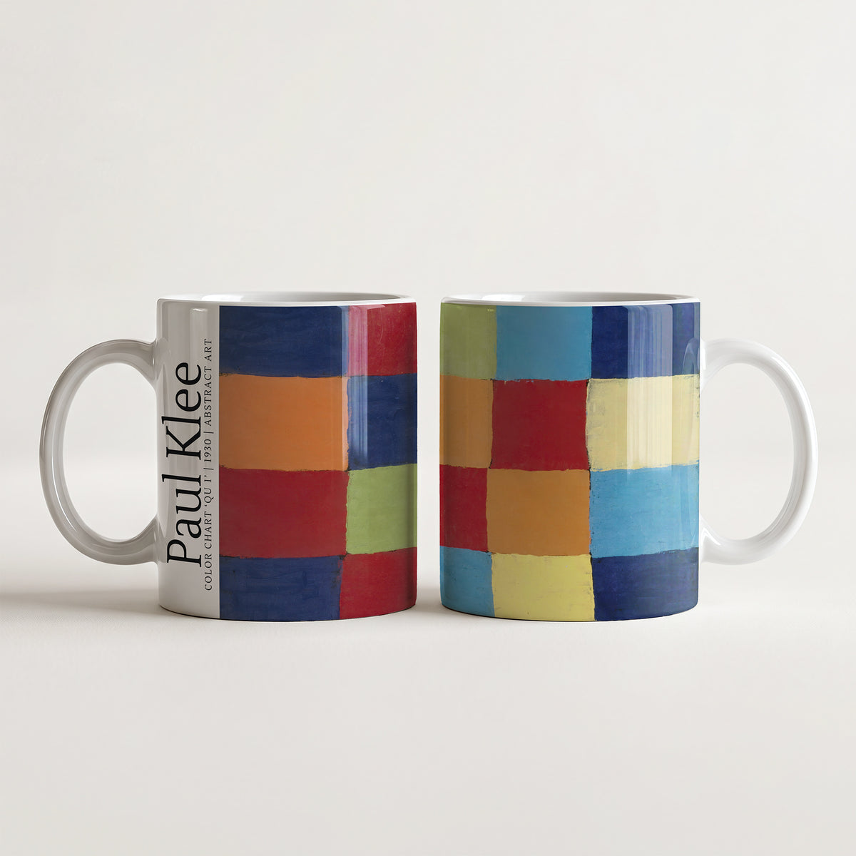 Kubek ceramiczny z nadrukiem obrazu Paul Klee Color Chart QU 1 z 1930 roku przedstawiający kolorowe geometryczne kwadraty