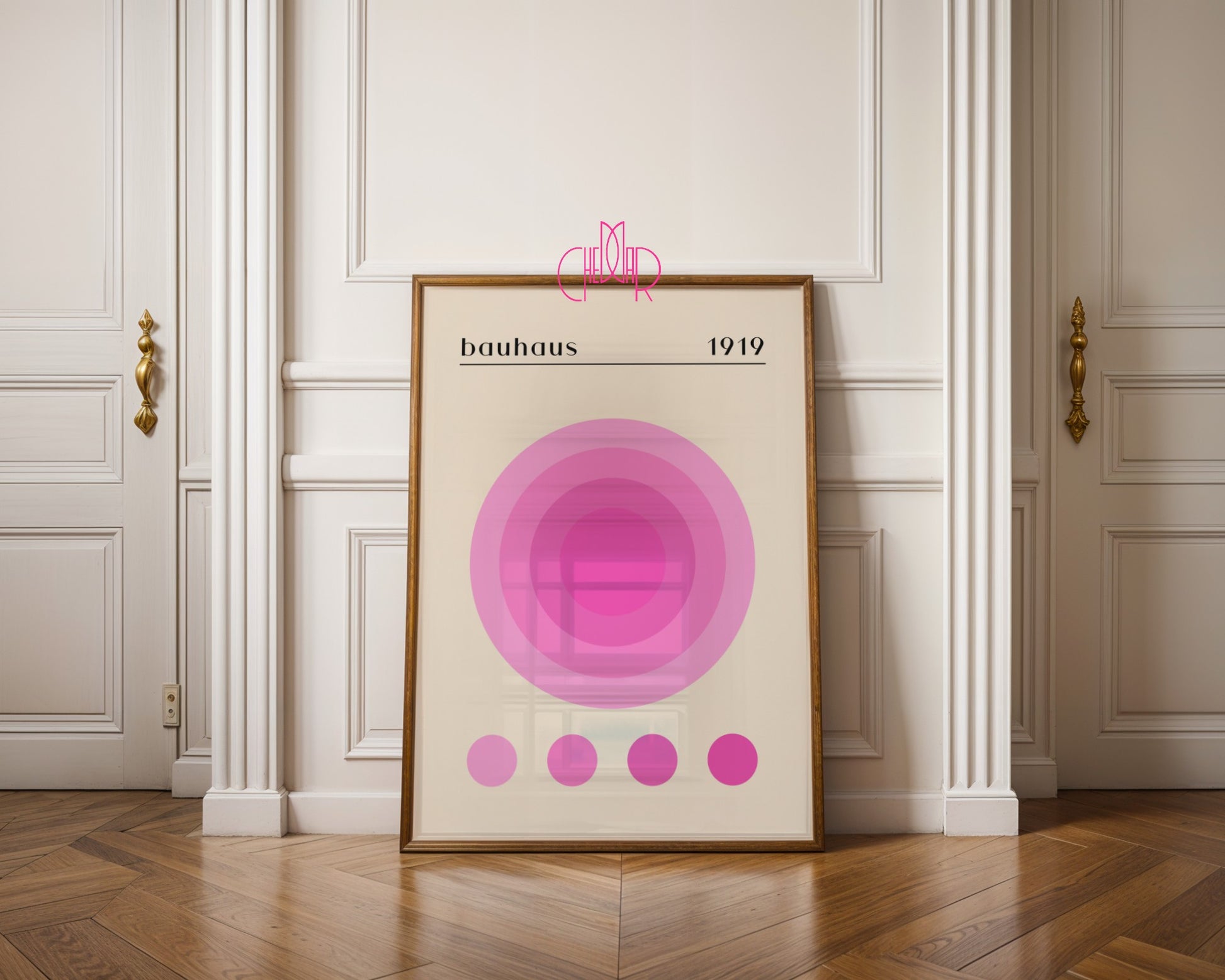 Plakat Bauhaus różowe koło energii na beżowym tle, retro