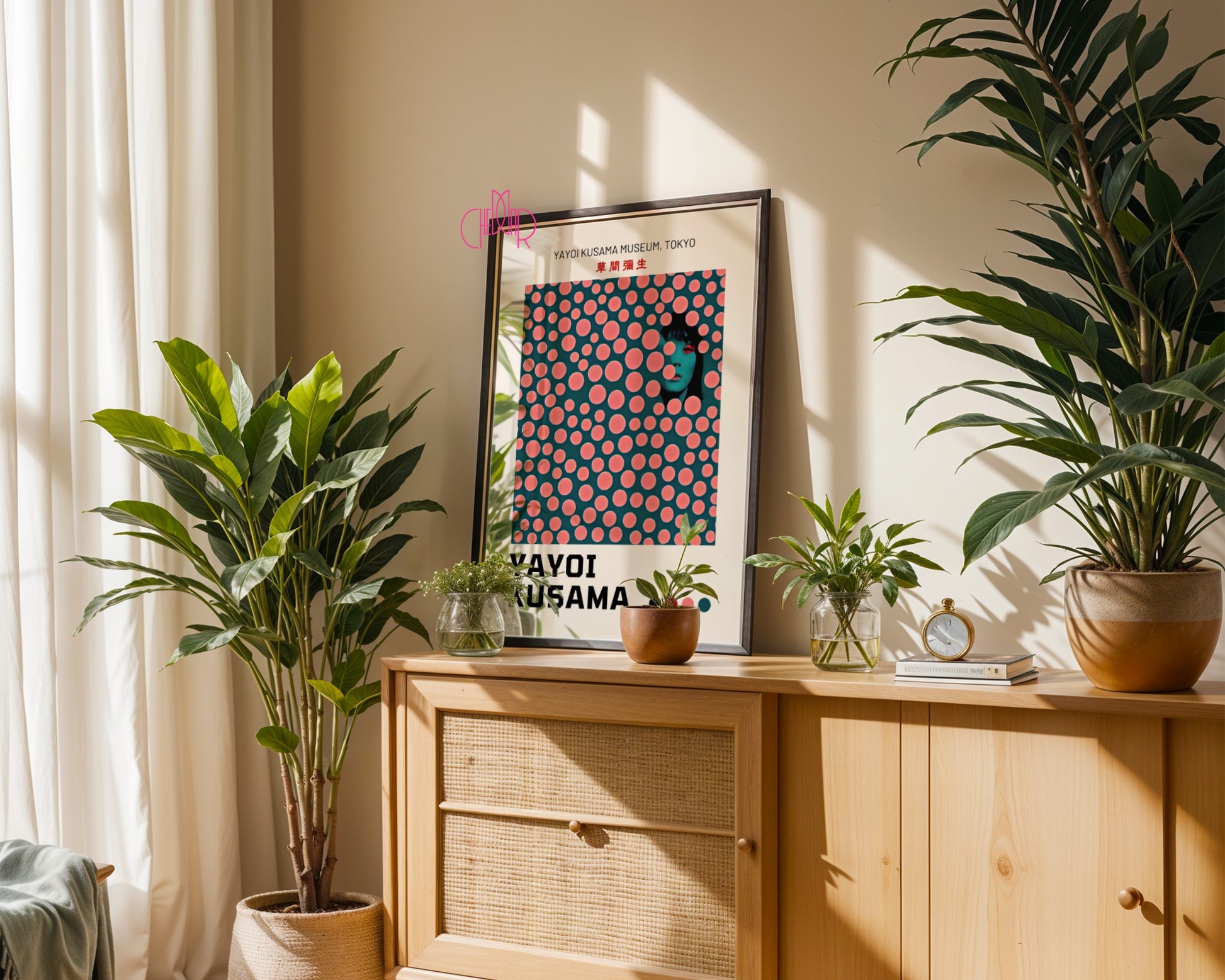 Plakat Yayoi Kusama, modernizm, różowe kropki na zielonym tle, Tokyo