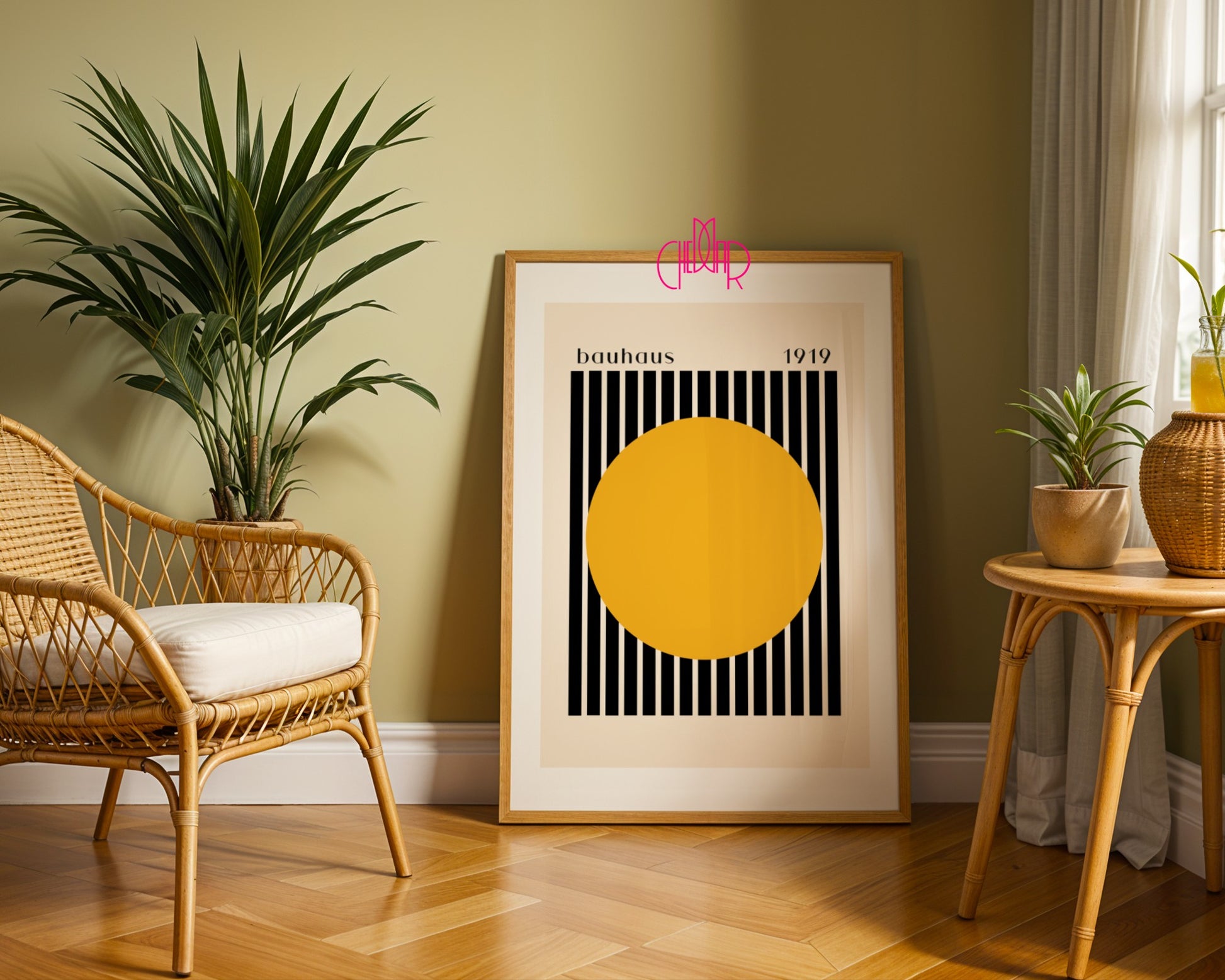 Plakat Bauhaus pomarańczowa kropka z czarno-beżowymi paskami