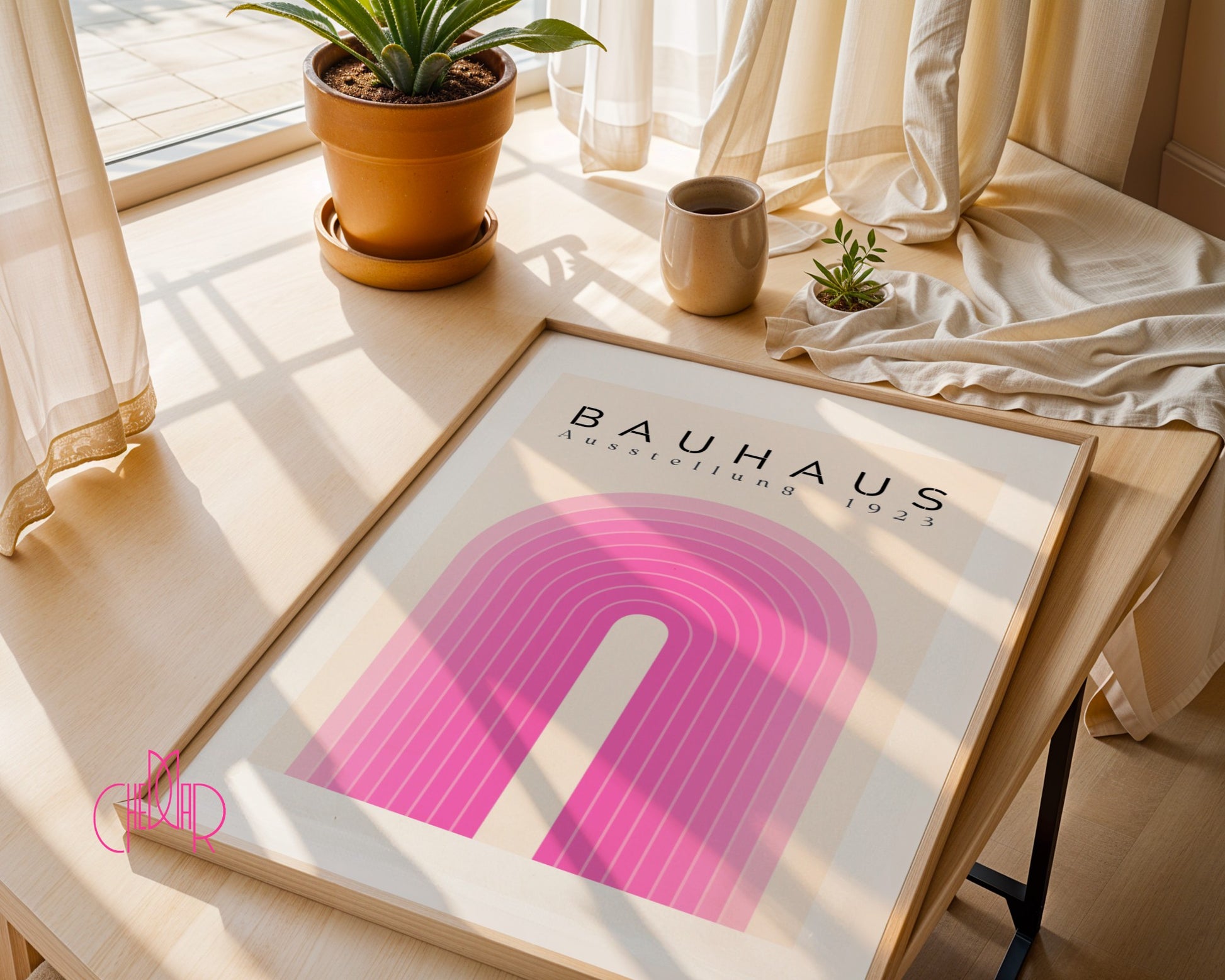 Plakat Bauhaus – Różowe linie na beżowym tle, wystawa 1923