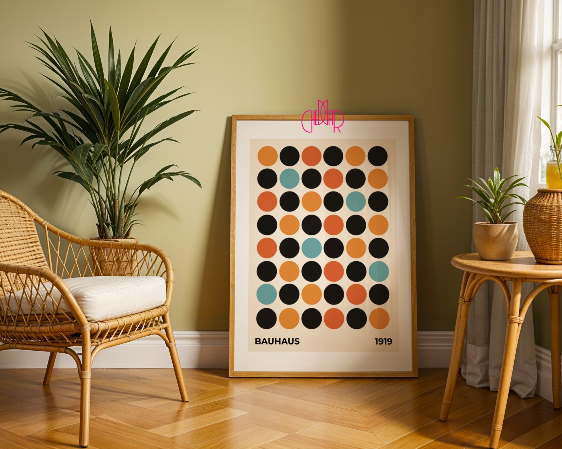 Plakat Bauhaus wystawa 1919, kolorowe kropki na beżowym tle