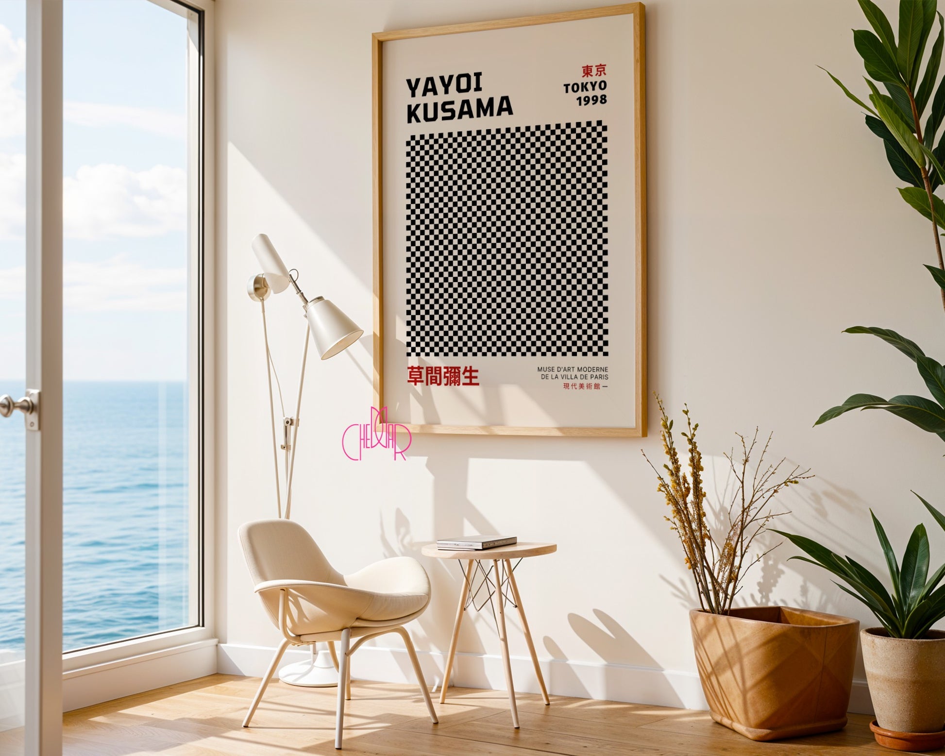 Plakat Yayoi Kusama czarno-beżowe kwadraty, szachownica, Tokyo 1998