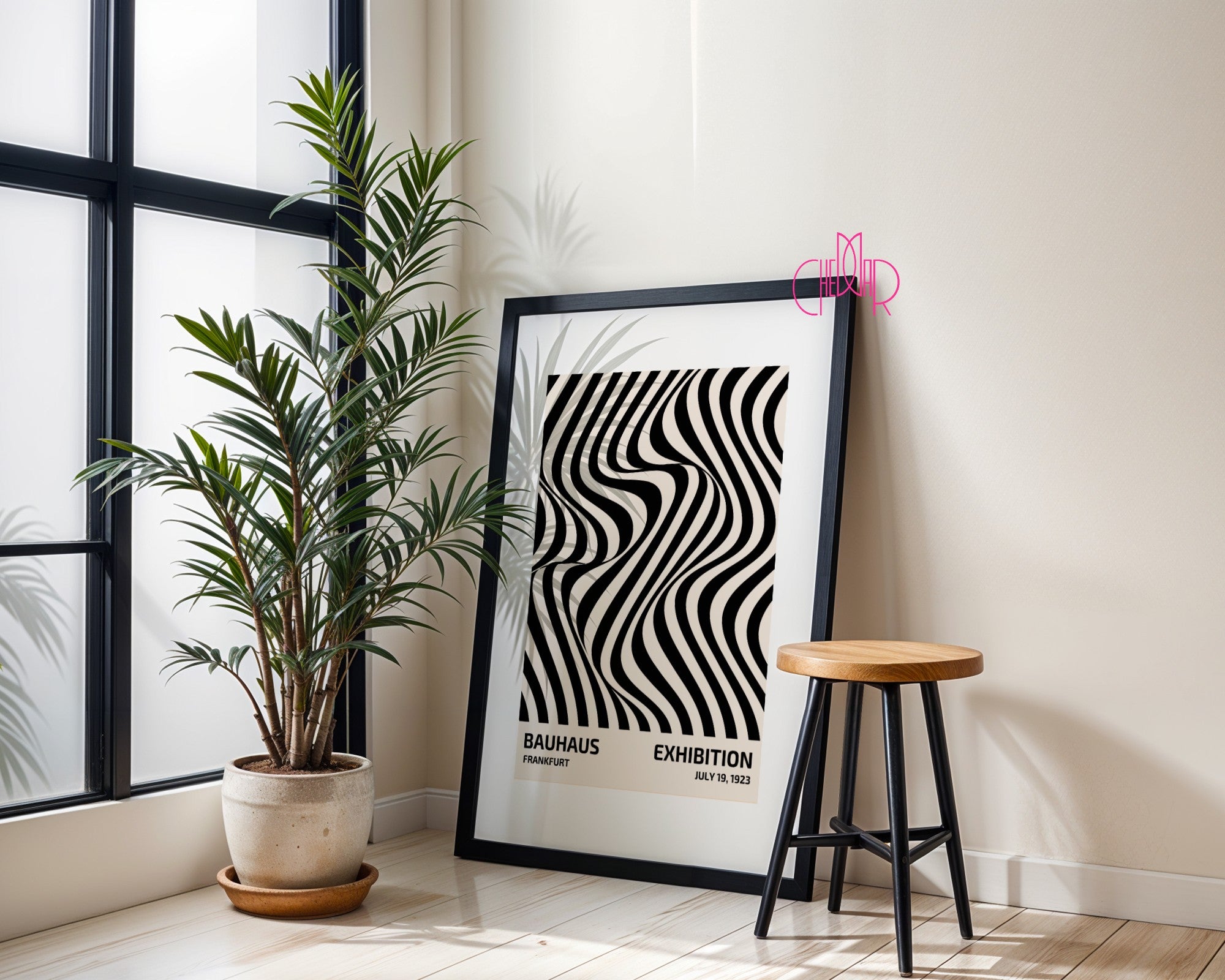 Plakat Bauhaus – Czarne abstrakcyjne linie na beżowym tle, wystawa 1919