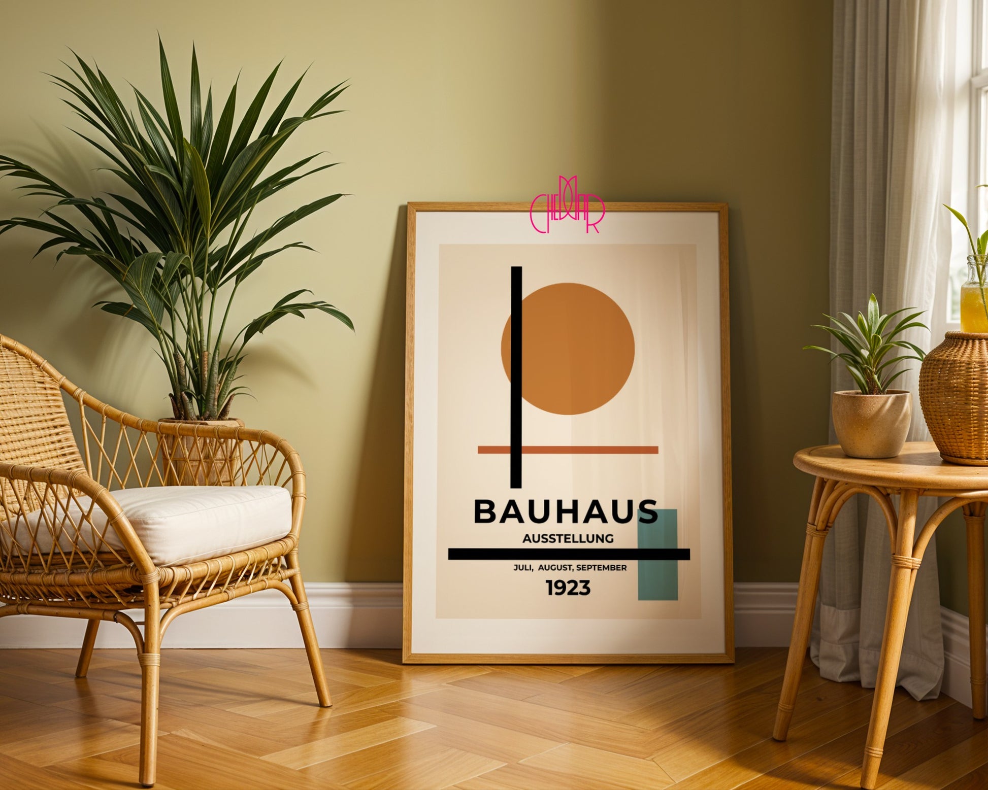 Plakat Bauhaus pomarańczowa kropka na beżowym tle, modernizm