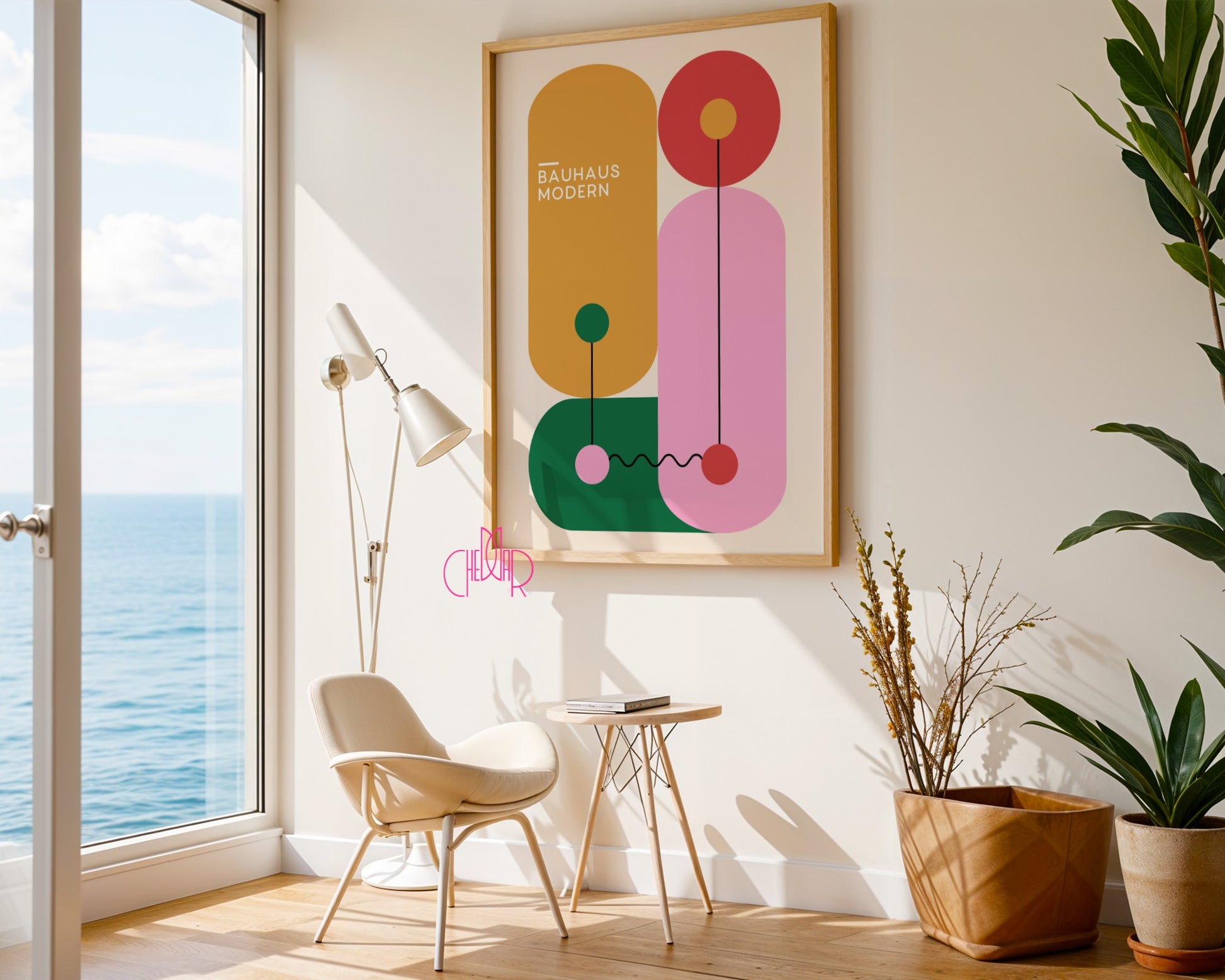 Plakat Bauhaus – Kolorowe geometryczne kształty na beżowym tle, modernizm