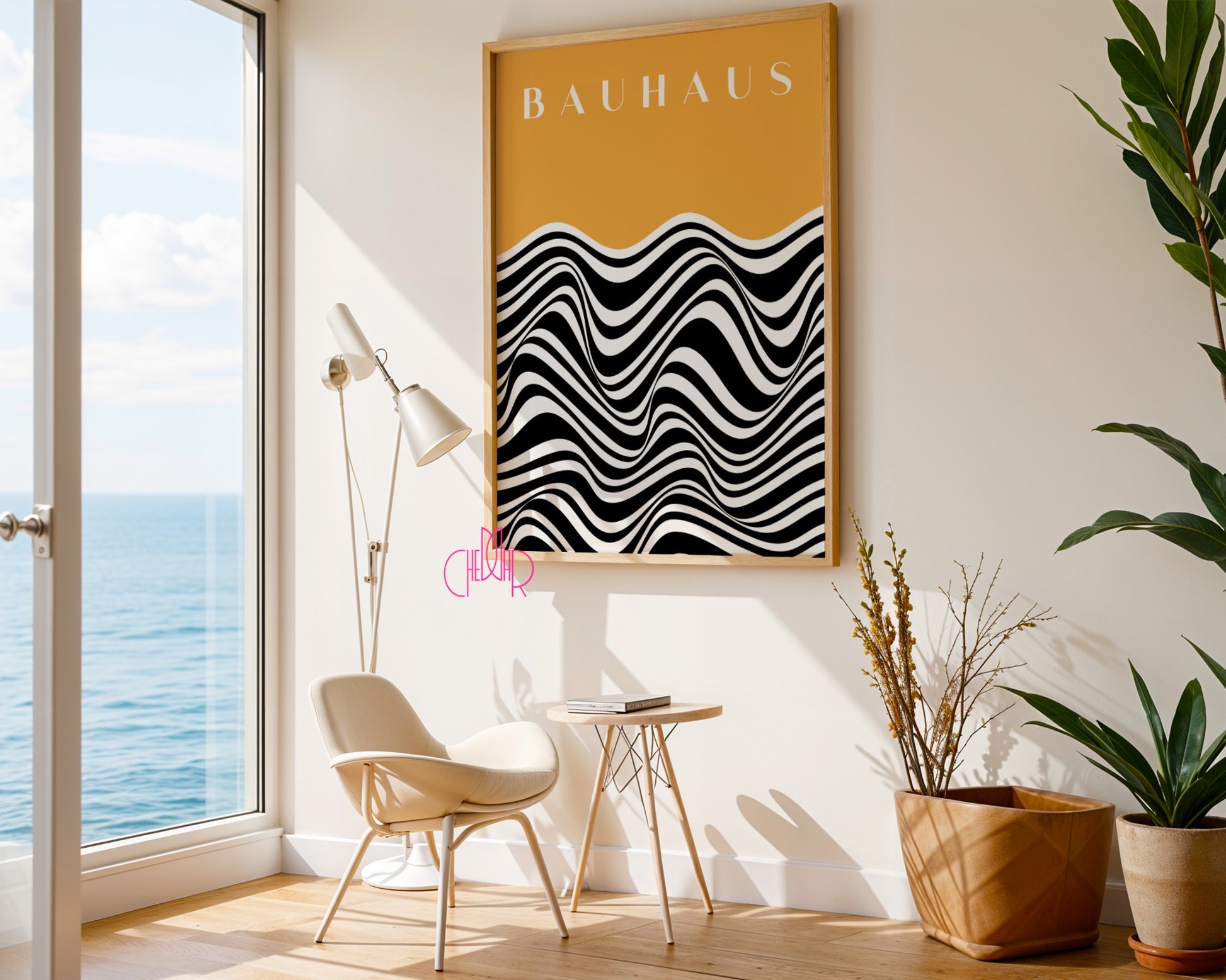 Plakat Bauhaus - czarno-białe faliste linie na pomarańczowym tle, vintage, retro