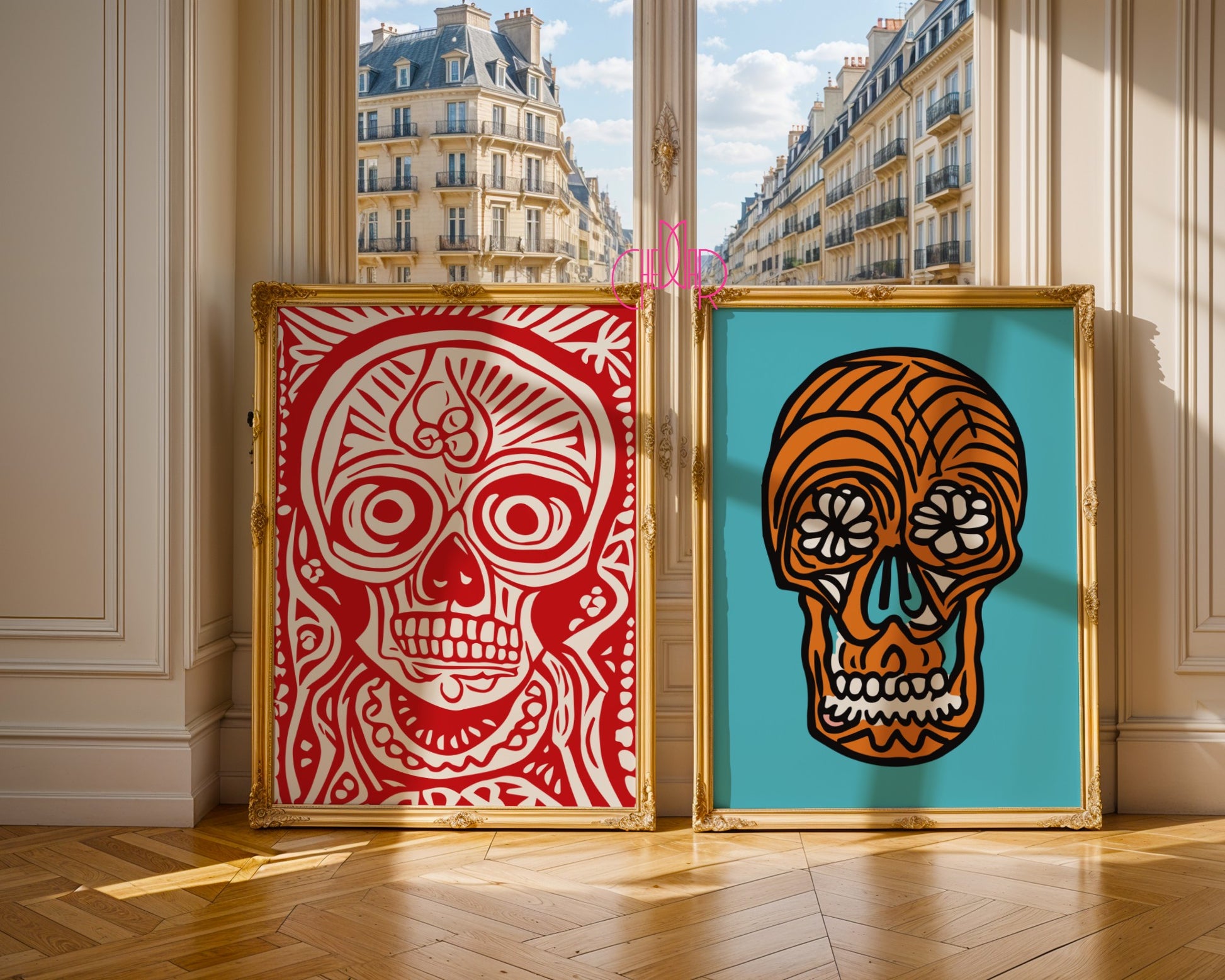 Plakat ikony kultury meksykańskiej, czaszki na dzień zmarłych, Meksyk