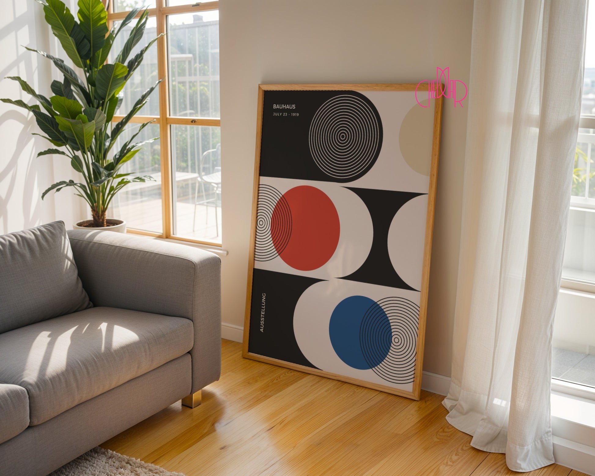 Plakat Bauhaus – Czerwono-niebieskie koła na biało-czarnym tle