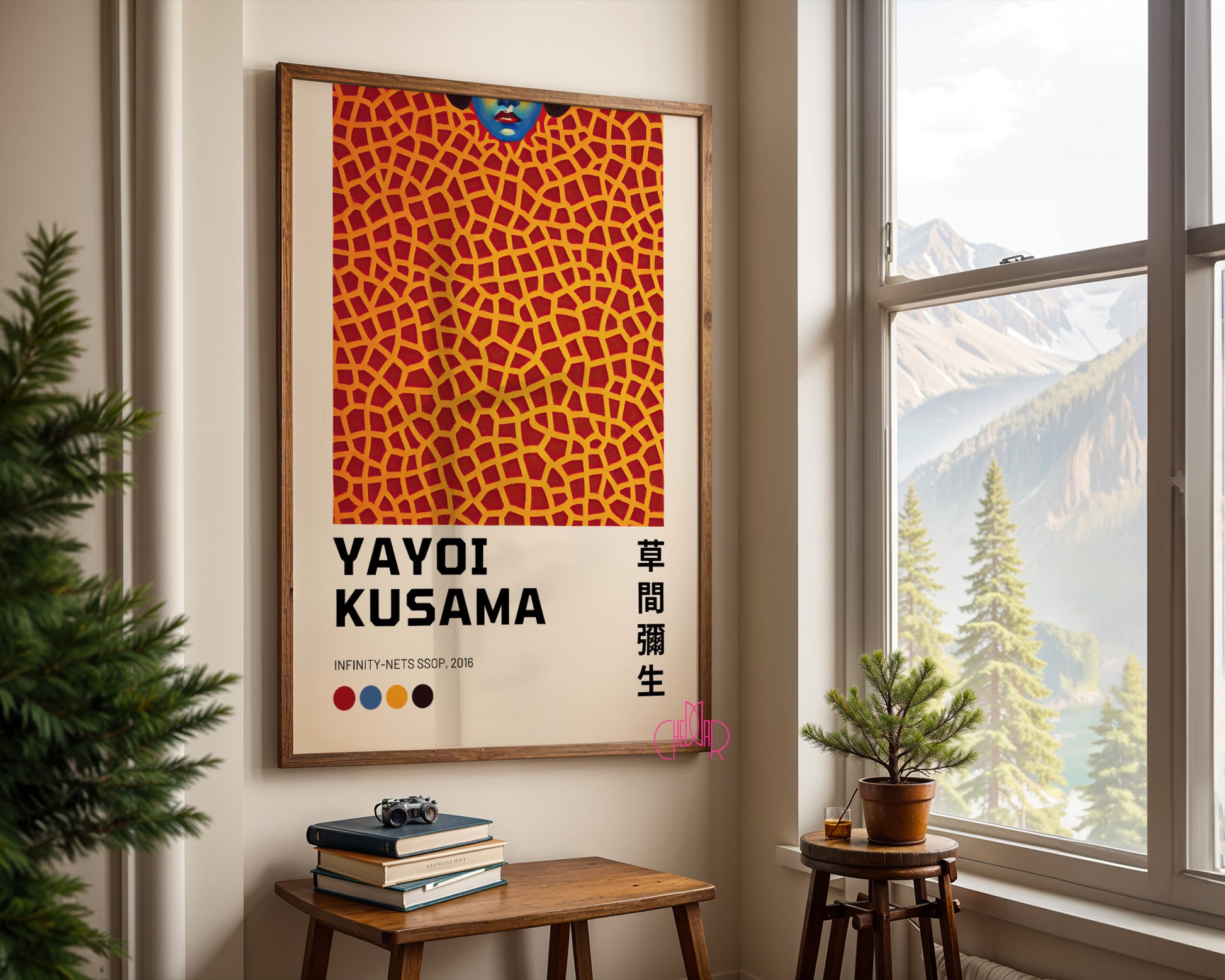 Plakat Yayoi Kusama, Twarz z pomarańczowymi liniami, Żyrafa, 2016
