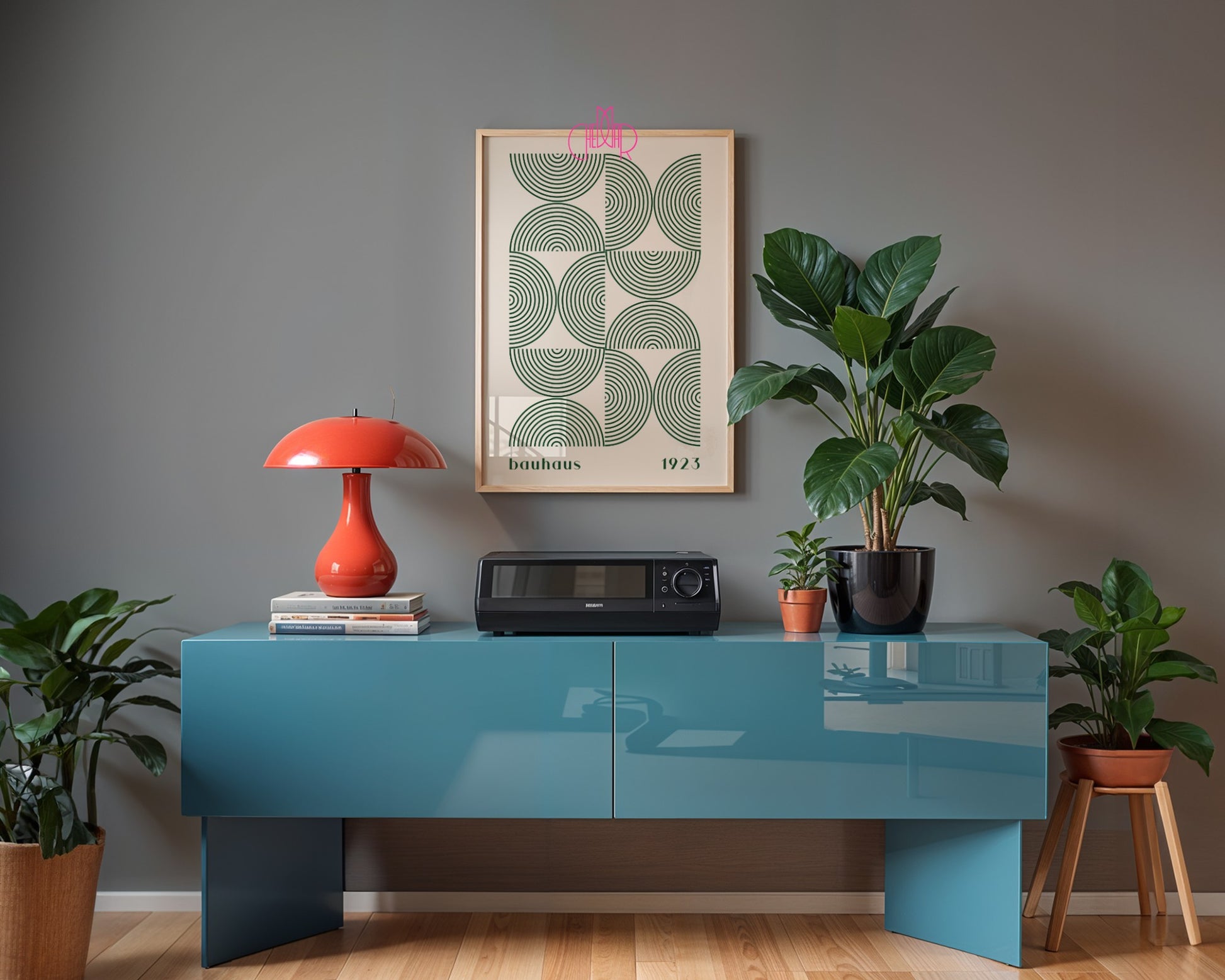 Plakat Bauhaus – Zielone półkola na beżowym tle