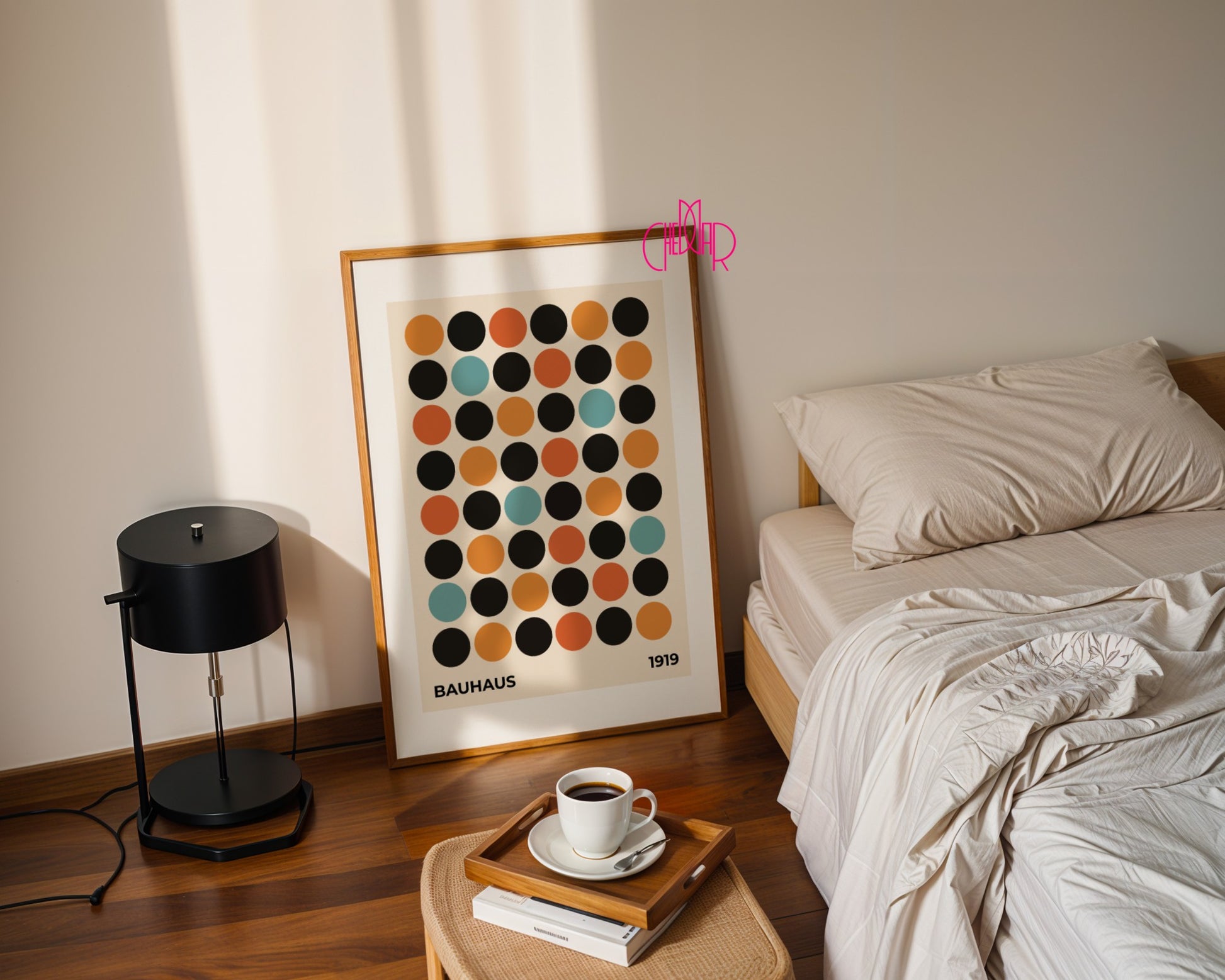 Plakat Bauhaus wystawa 1919, kolorowe kropki na beżowym tle