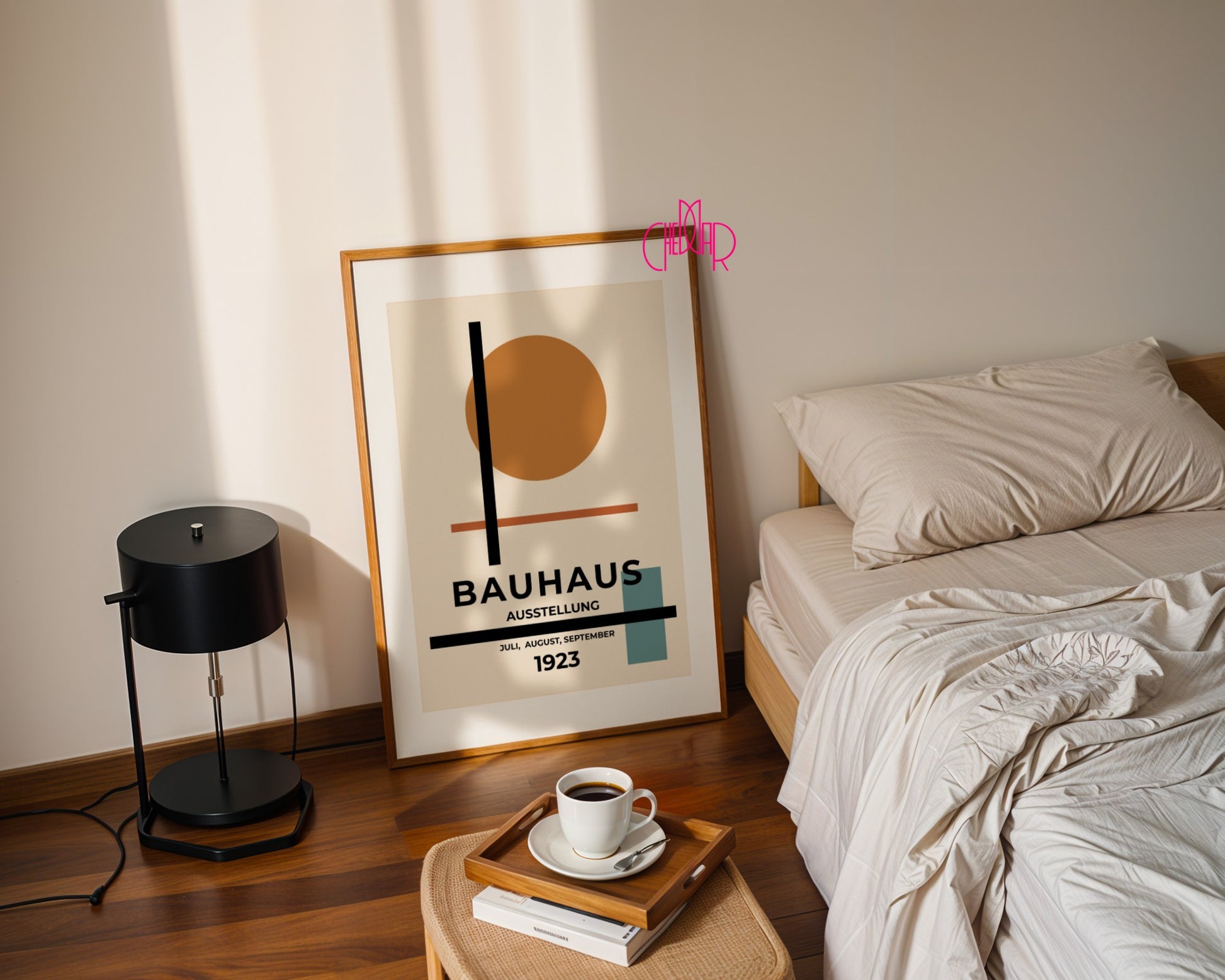 Plakat Bauhaus pomarańczowa kropka na beżowym tle, modernizm