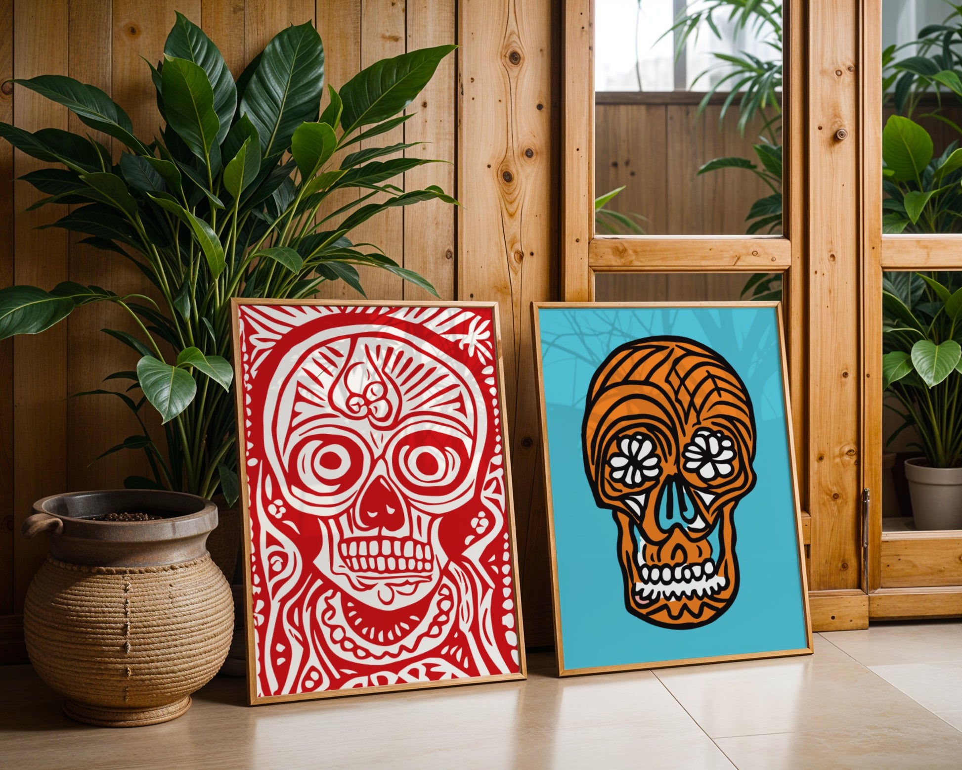 Plakat ikony kultury meksykańskiej, czaszki na dzień zmarłych, Meksyk