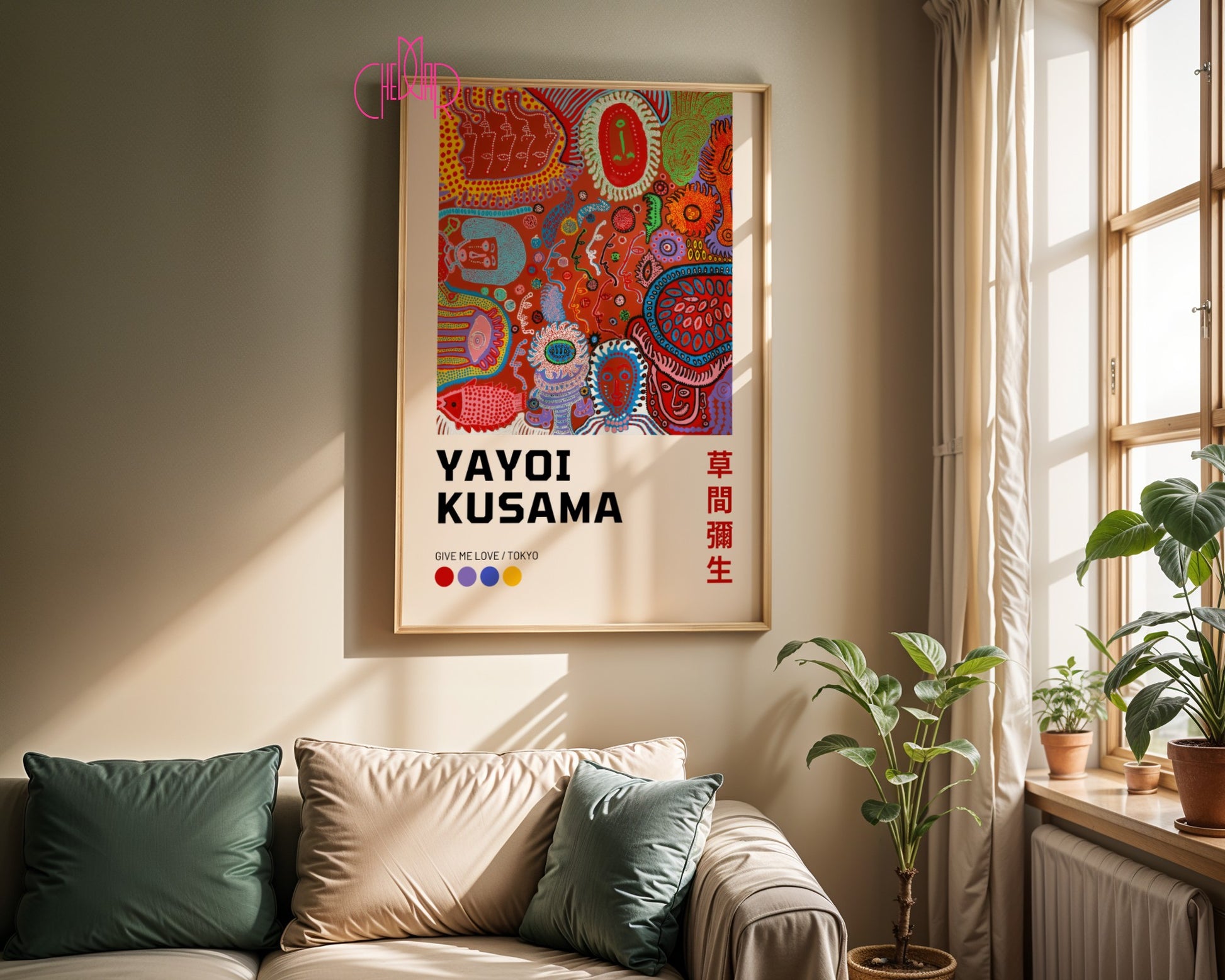 Plakat Yayoi Kusama Give me love Tokyo, kolorowe kształty, geometria