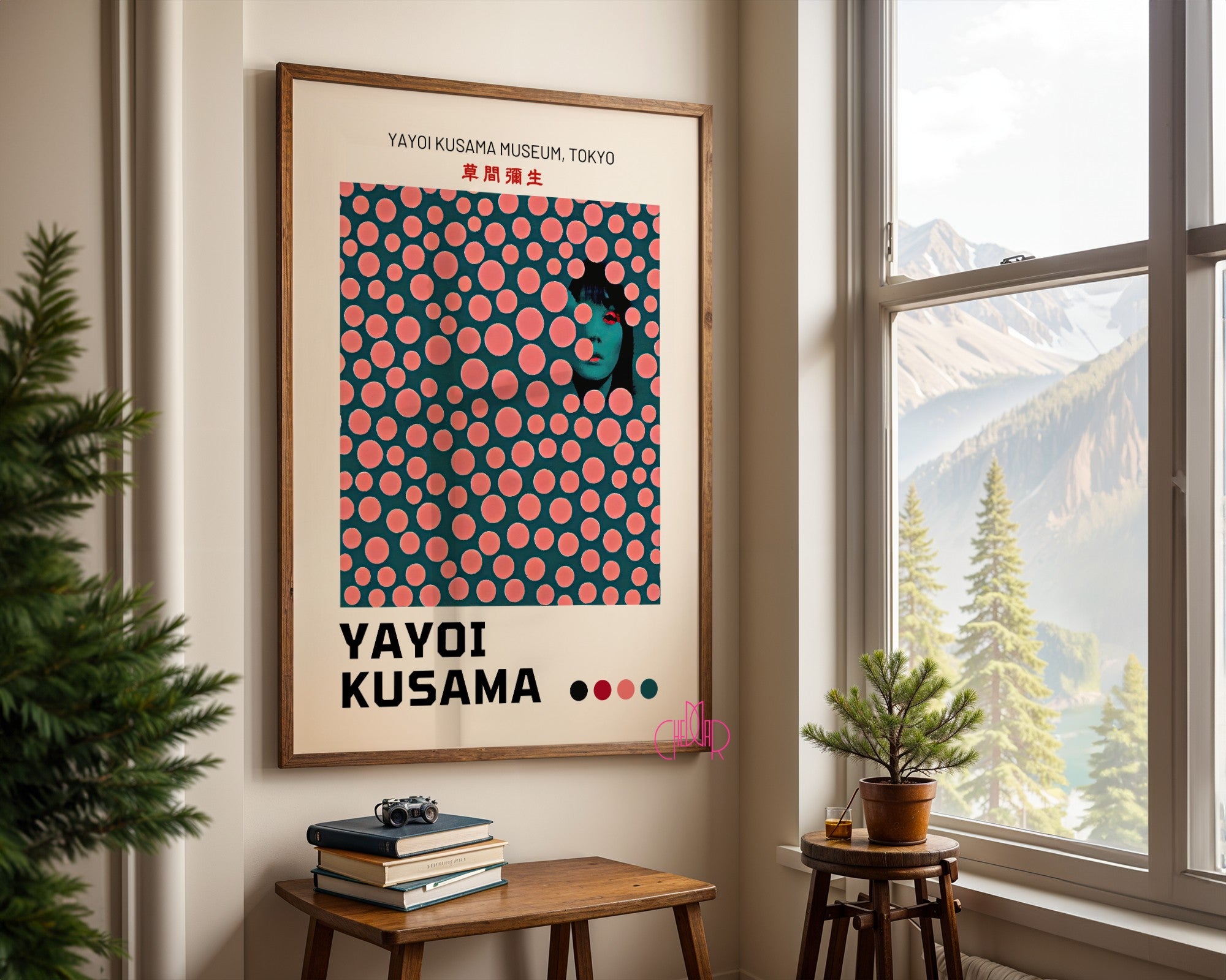 Plakat Yayoi Kusama, modernizm, różowe kropki na zielonym tle, Tokyo