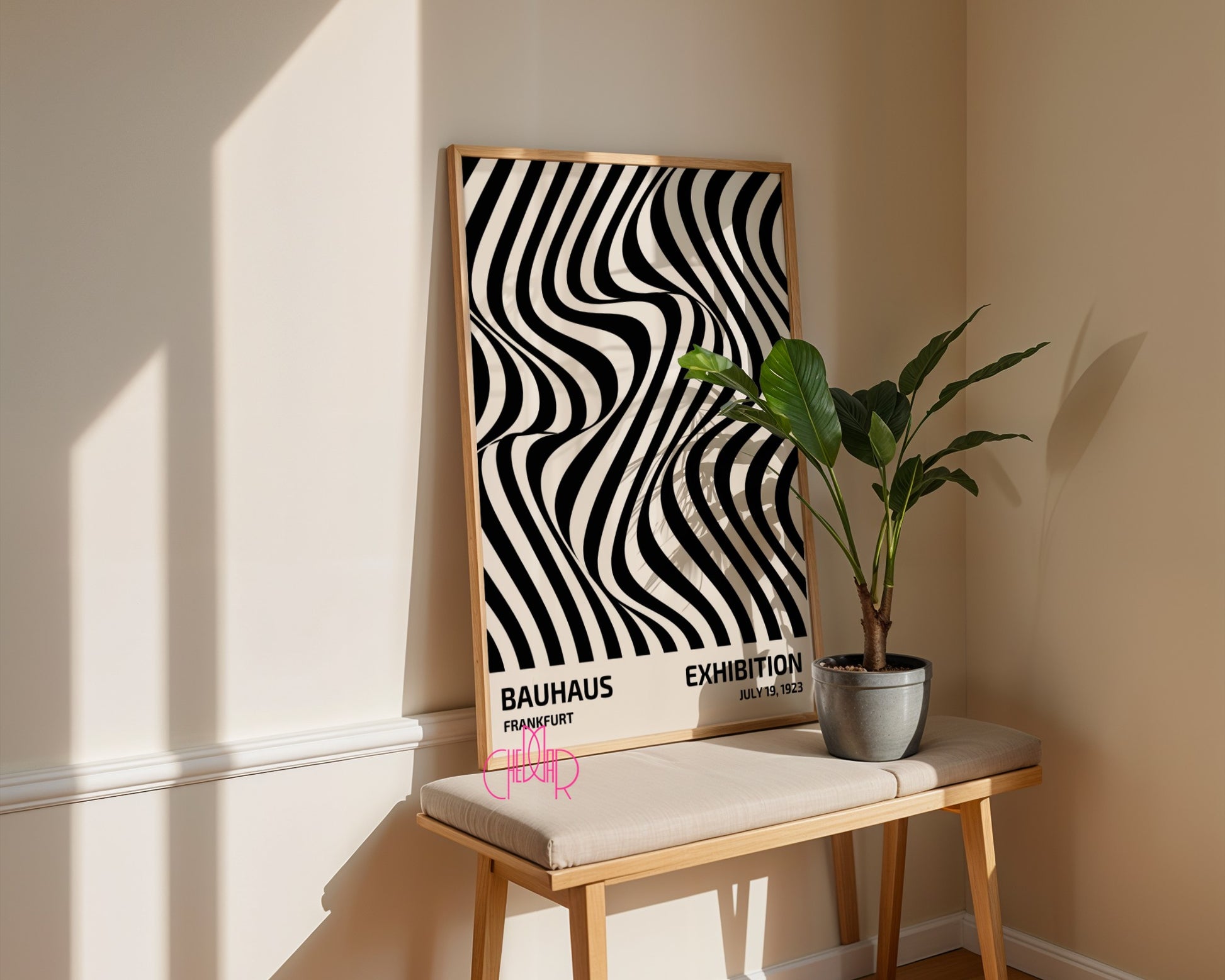 Plakat Bauhaus – Czarne abstrakcyjne linie na beżowym tle, wystawa 1919