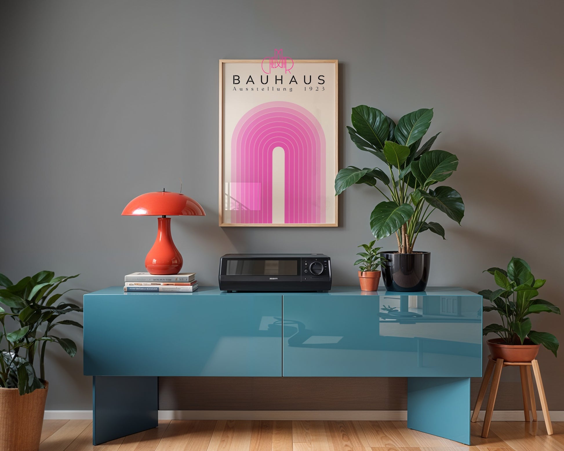 Plakat Bauhaus – Różowe linie na beżowym tle, wystawa 1923